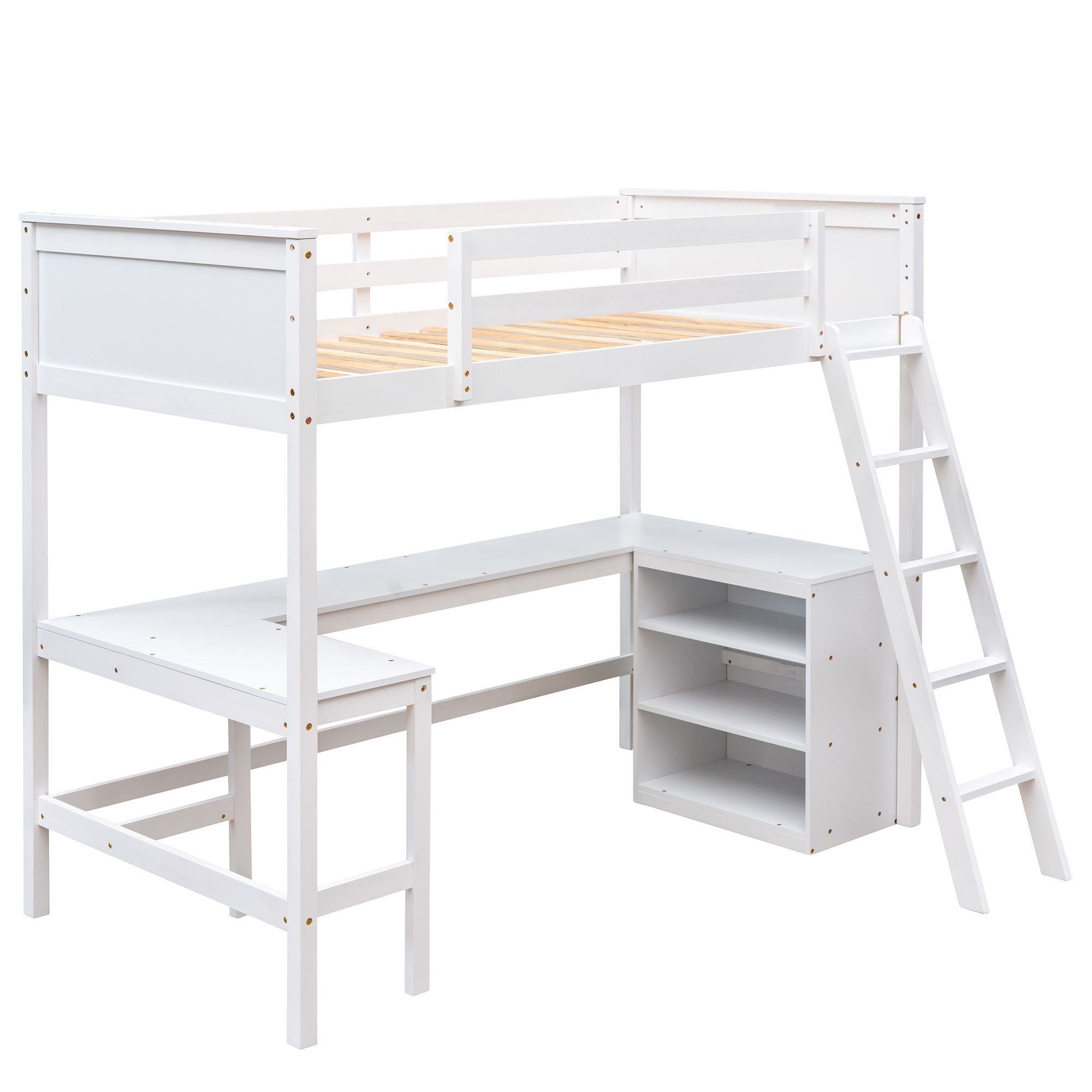 Twin size Loft Bed with Shelves and Desk; Wooden Loft Bed with Desk