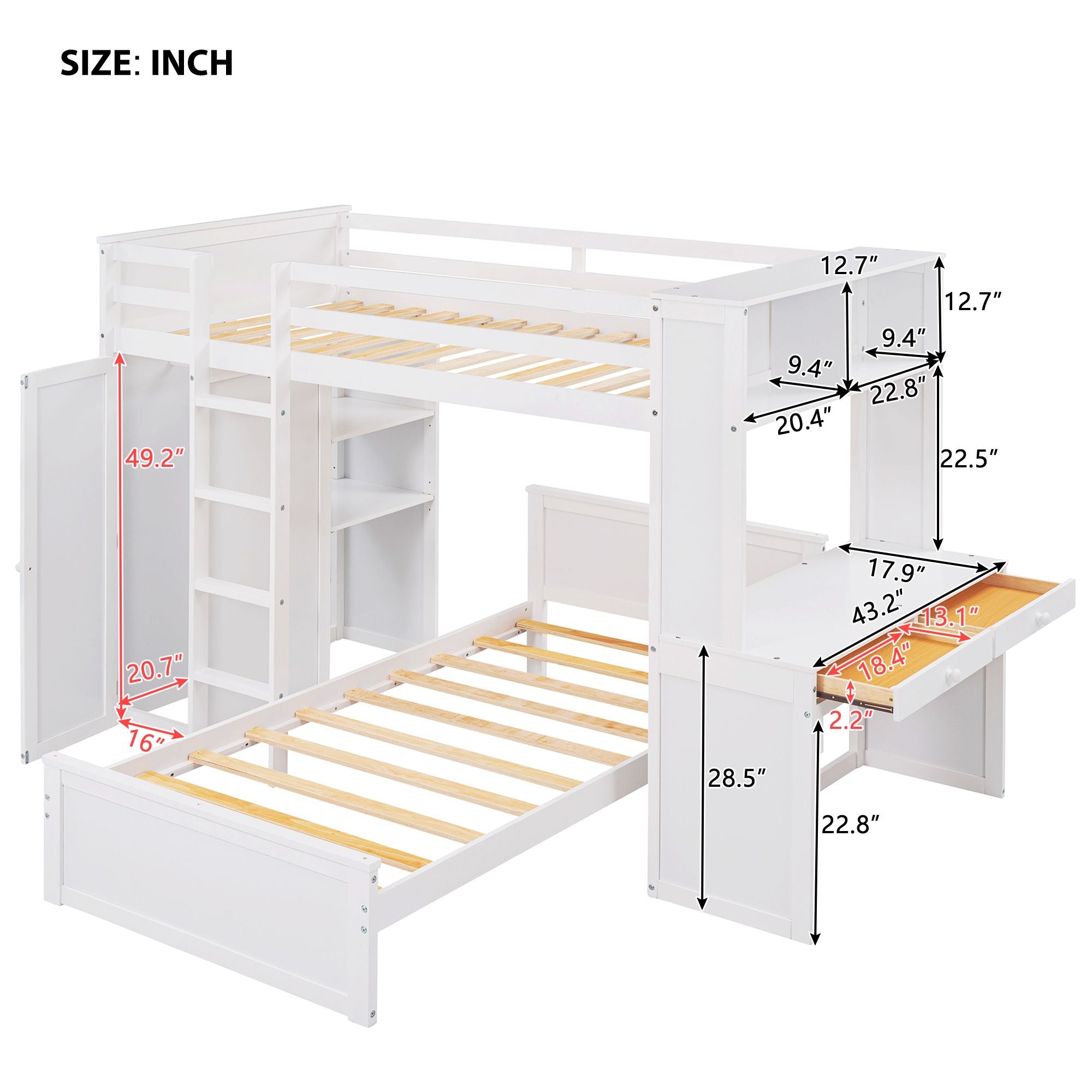 Twin size Loft Bed with a Stand-alone bed; Shelves; Desk; and Wardrobe