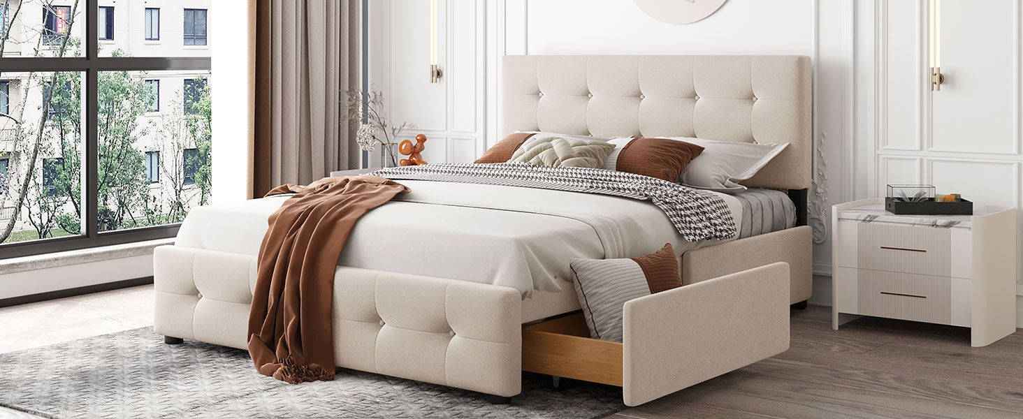 Upholstered Platform Bed with Classic Headboard and 4 Drawers; No Box Spring Needed; Linen Fabric; Queen Size