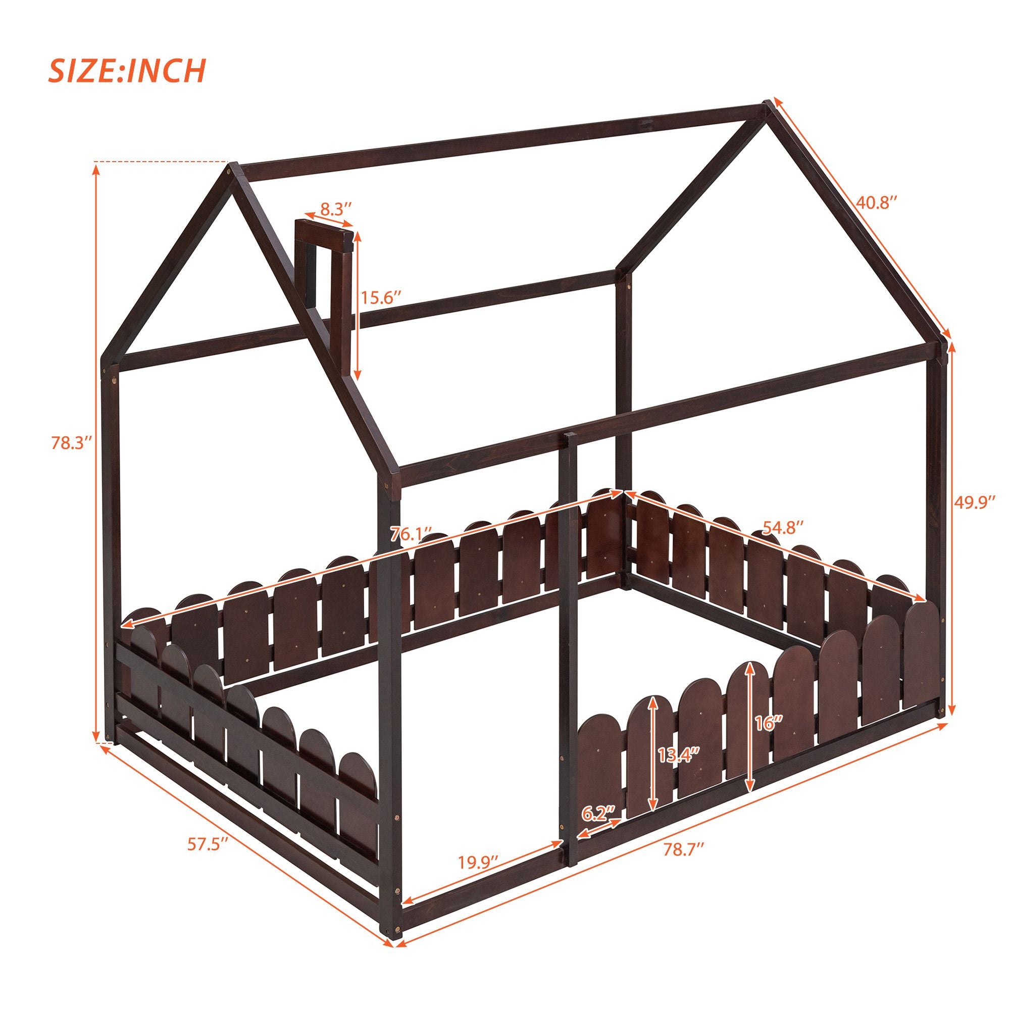 (Slats are not included) Full Size Wood Bed House Bed Frame with Fence; for Kids; Teens; Girls; Boys