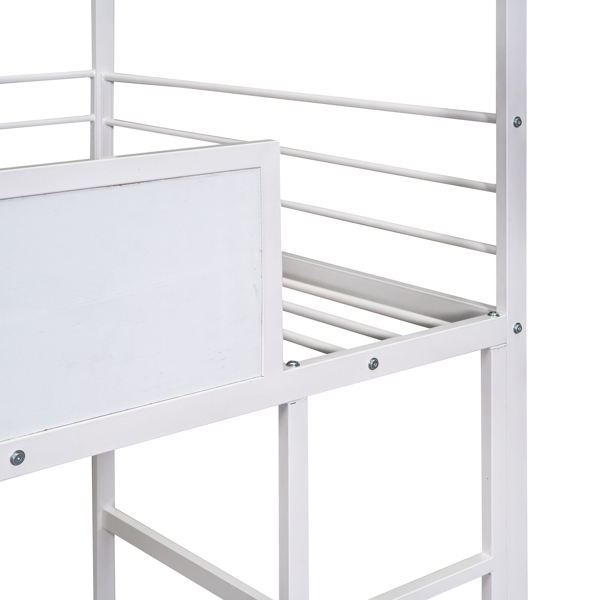 Metal House Bed With Slide; Twin Size Metal Loft Bed with Two-sided writable Wooden Board