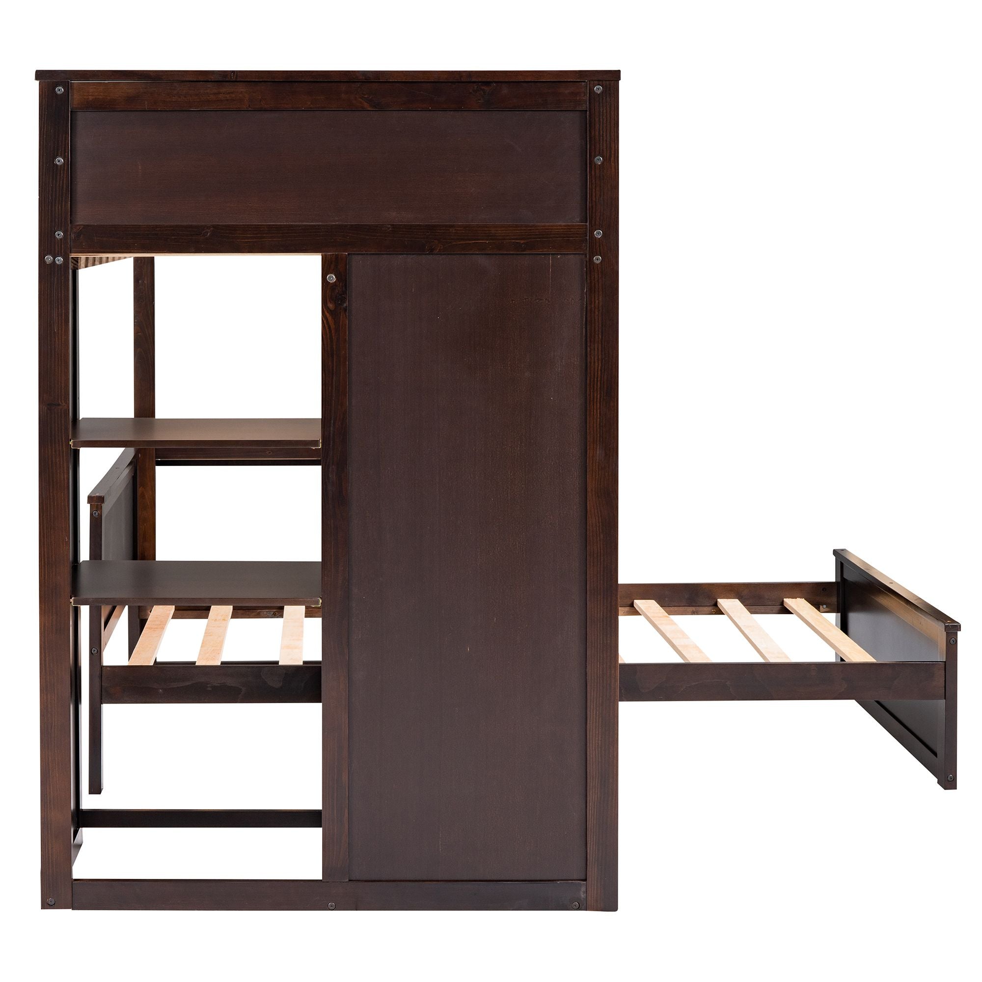 Twin size Loft Bed with a Stand-alone bed; Shelves; Desk; and Wardrobe