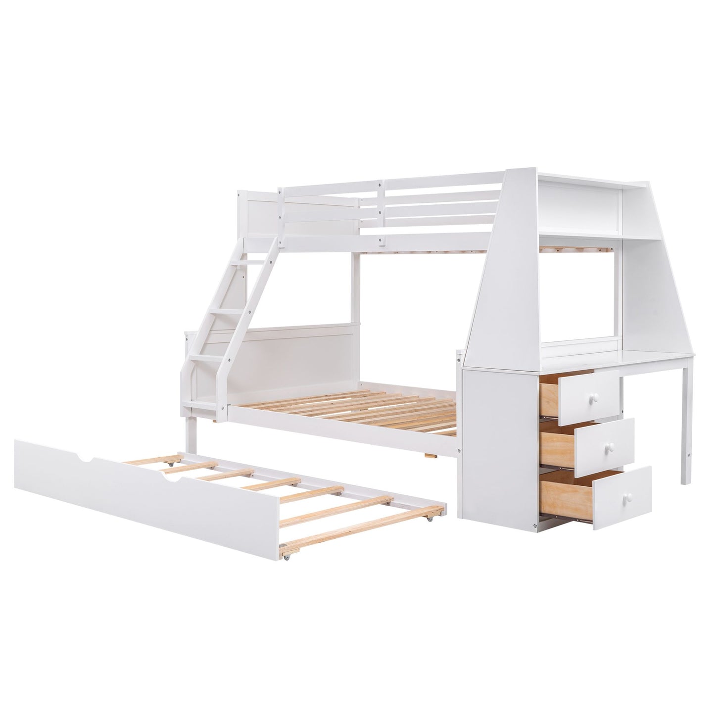 Twin over Full Bunk Bed with Trundle and Built-in Desk; Three Storage Drawers and Shelf