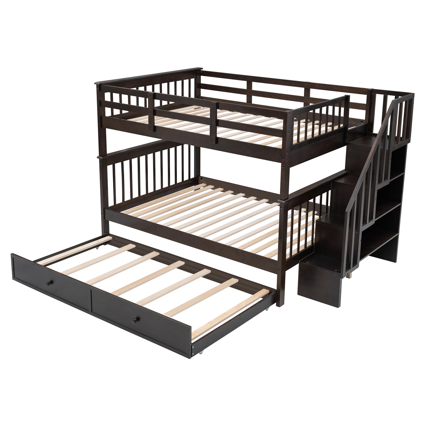 Stairway Full-Over-Full Bunk Bed with Twin size Trundle; Storage and Guard Rail for Bedroom; Dorm