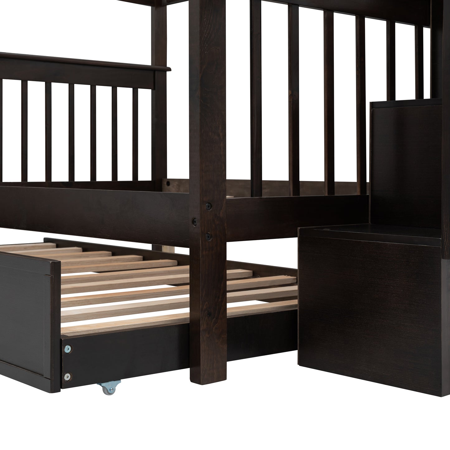 Stairway Full-Over-Full Bunk Bed with Twin size Trundle; Storage and Guard Rail for Bedroom; Dorm