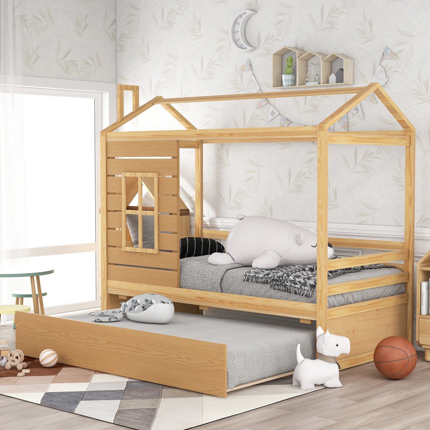 Twin Size House Bed Wood Bed with Twin Size Trundle