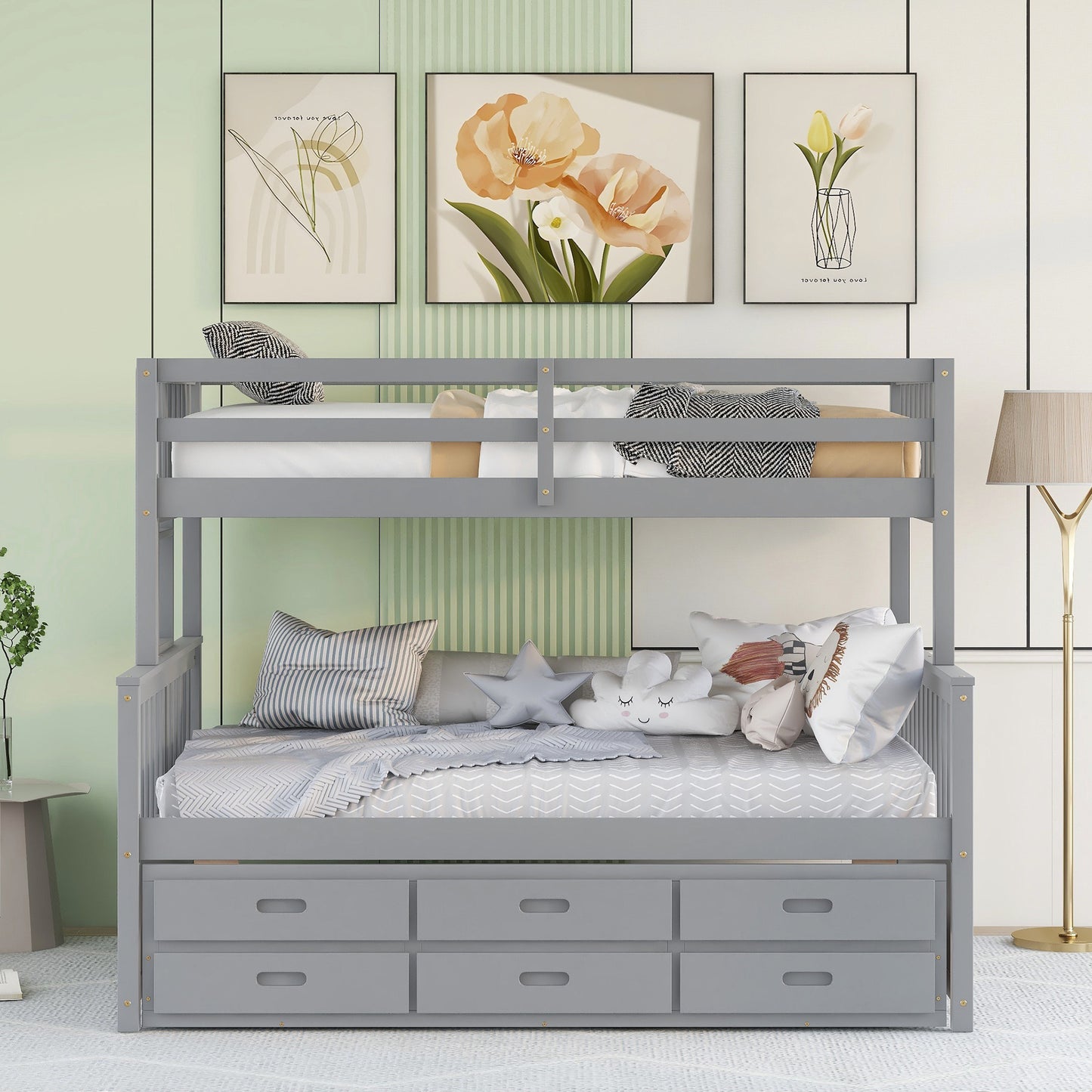 Twin-Over-Full Bunk Bed with Twin size Trundle ; Separable Bunk Bed with Drawers for Bedroom