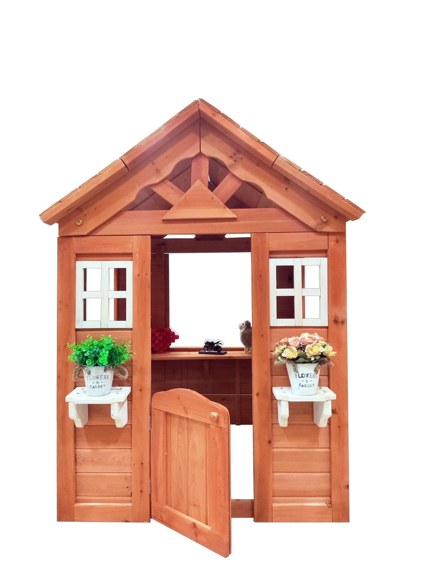 All Wooden Kids Playhouse with 2 windows and flowerpot holder,42"Lx46'Wx55"H,Golden Red