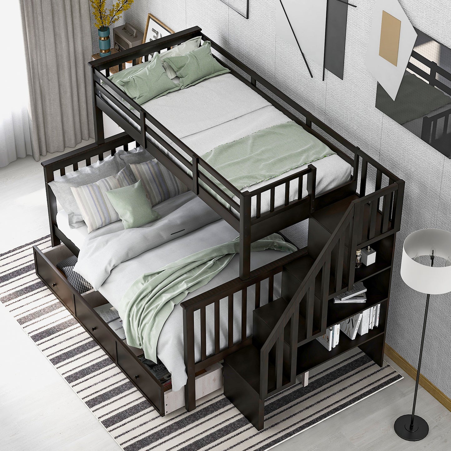 Stairway Twin-Over-Full Bunk Bed with Drawer; Storage and Guard Rail for Bedroom; Dorm; for Adults