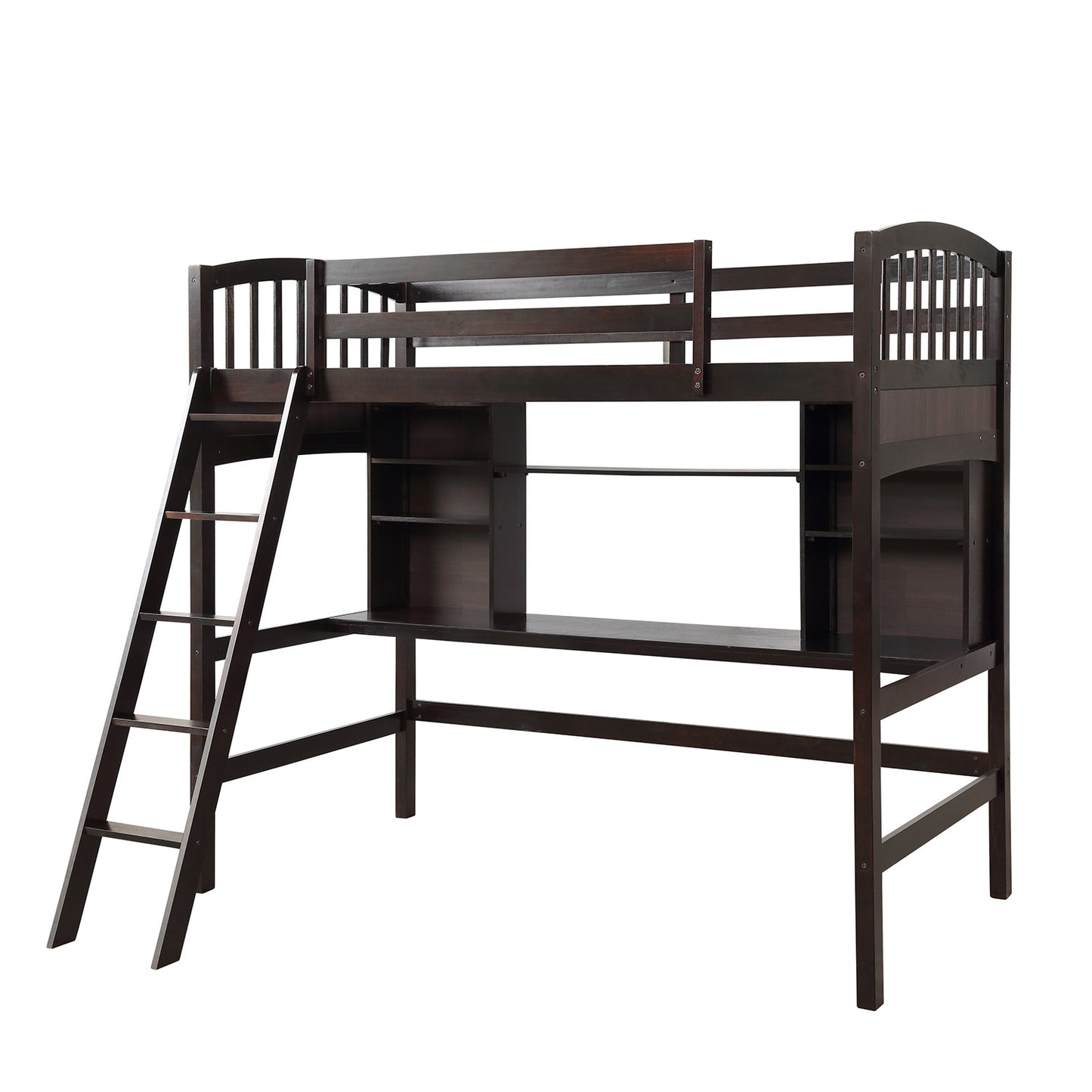 Twin size Loft Bed with Storage Shelves; Desk and Ladder