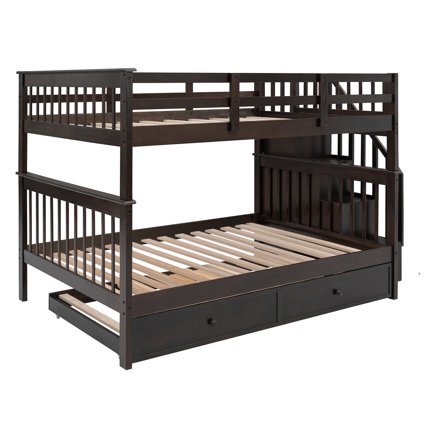 Stairway Full-Over-Full Bunk Bed with Twin size Trundle; Storage and Guard Rail for Bedroom; Dorm