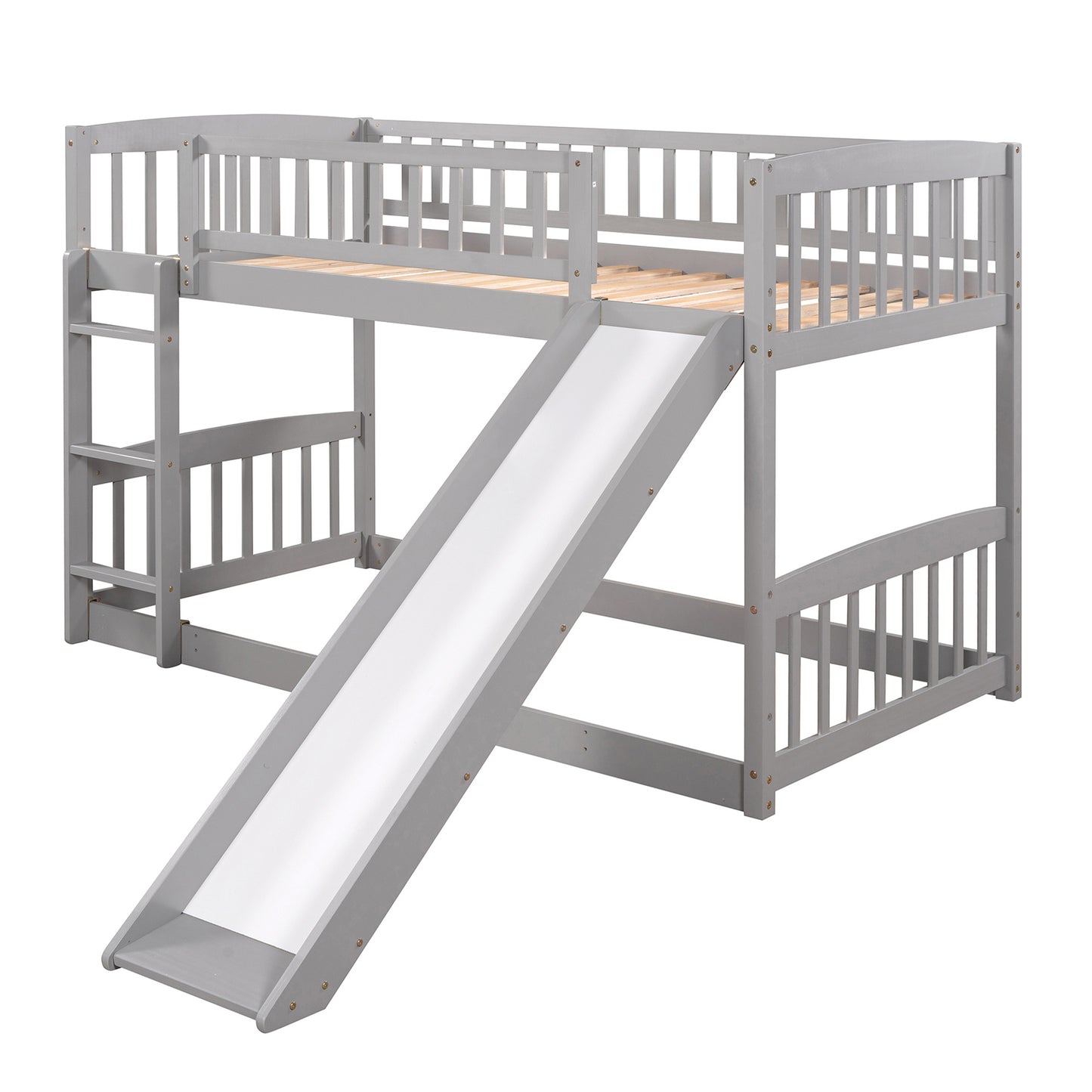 Bunk Bed with Slide; Twin Over Twin Low Bunk Bed with Fence and Ladder for Toddler Kids Teens