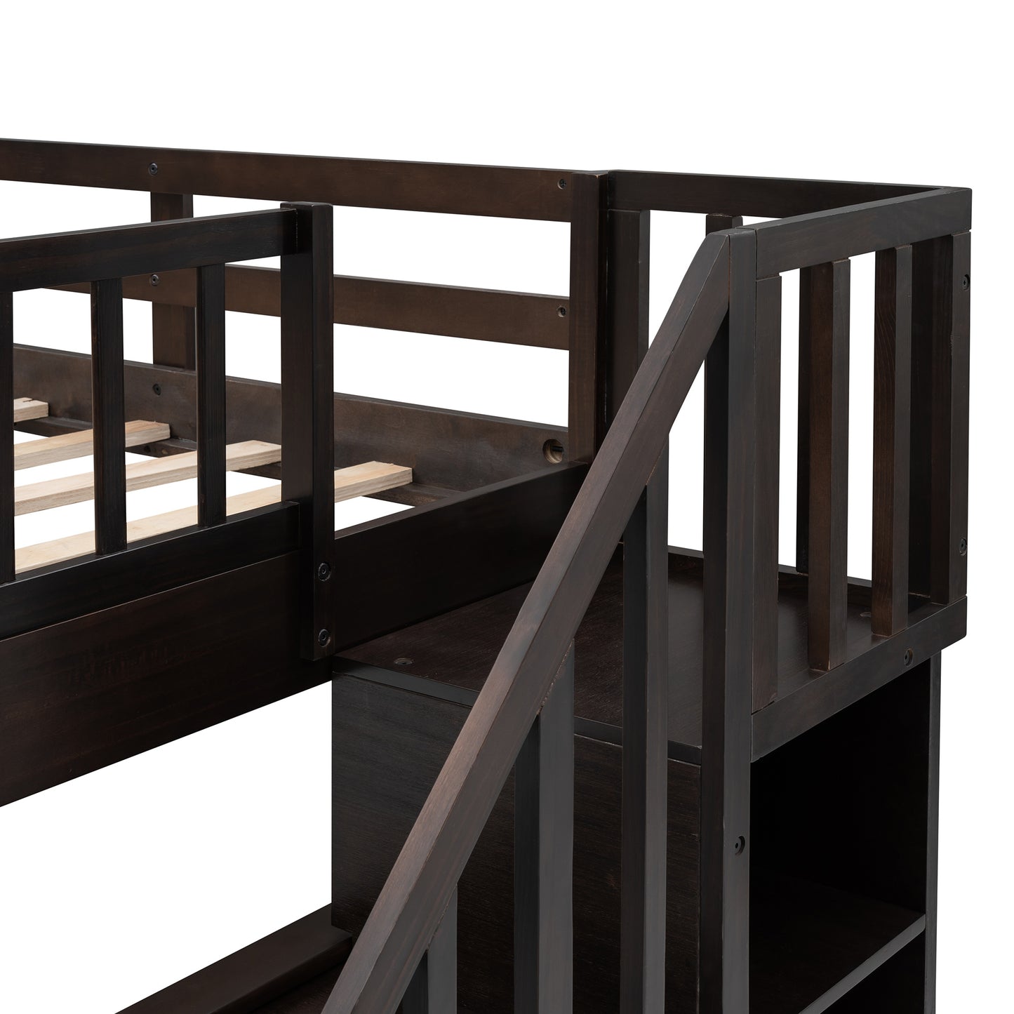 Stairway Full-Over-Full Bunk Bed with Twin size Trundle; Storage and Guard Rail for Bedroom; Dorm