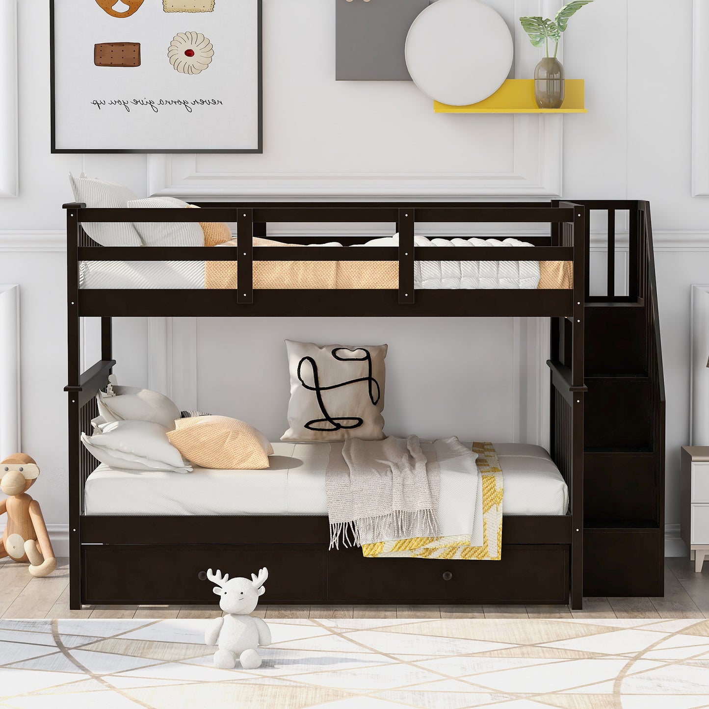 Stairway Full-Over-Full Bunk Bed with Twin size Trundle; Storage and Guard Rail for Bedroom; Dorm