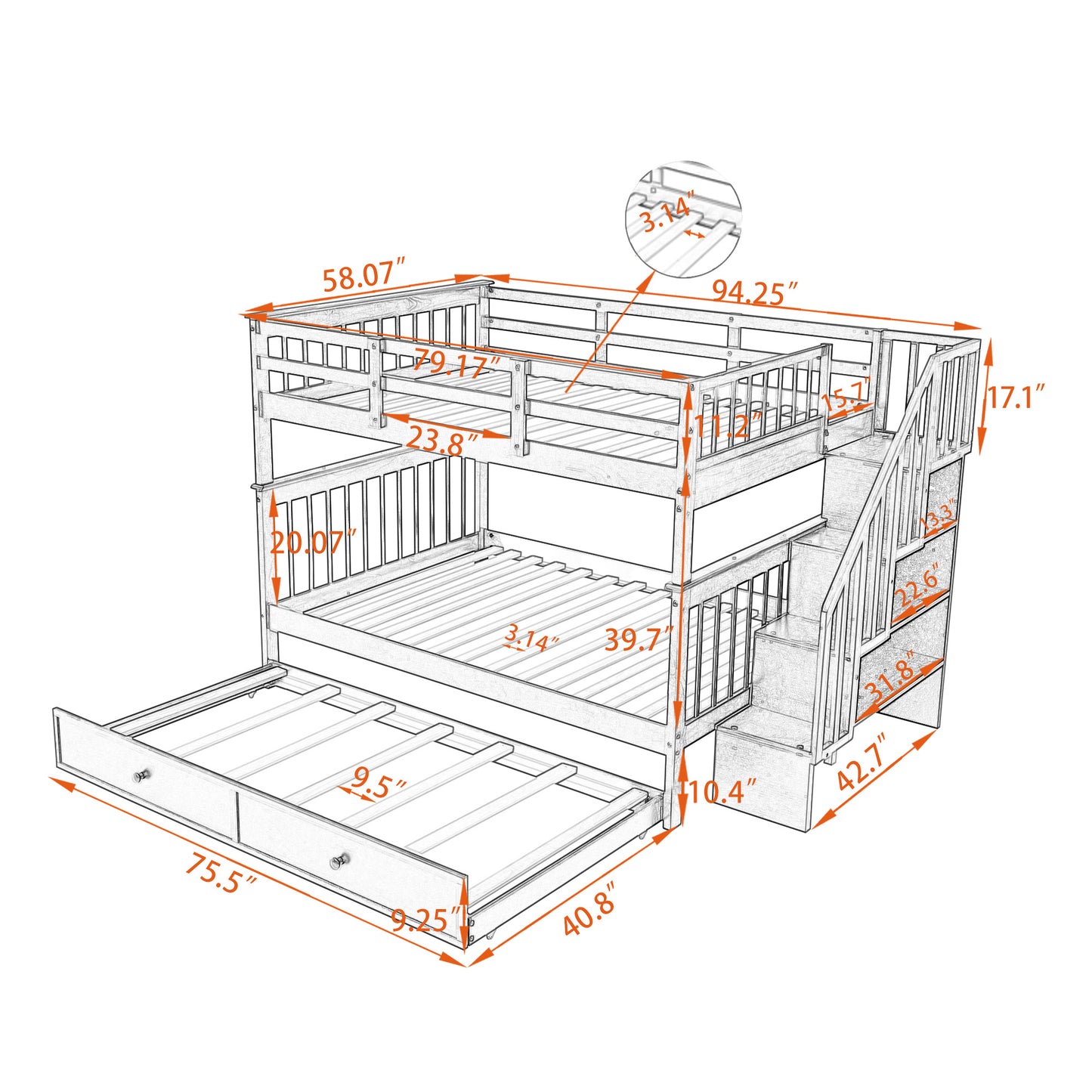 Stairway Full-Over-Full Bunk Bed with Twin size Trundle; Storage and Guard Rail for Bedroom; Dorm