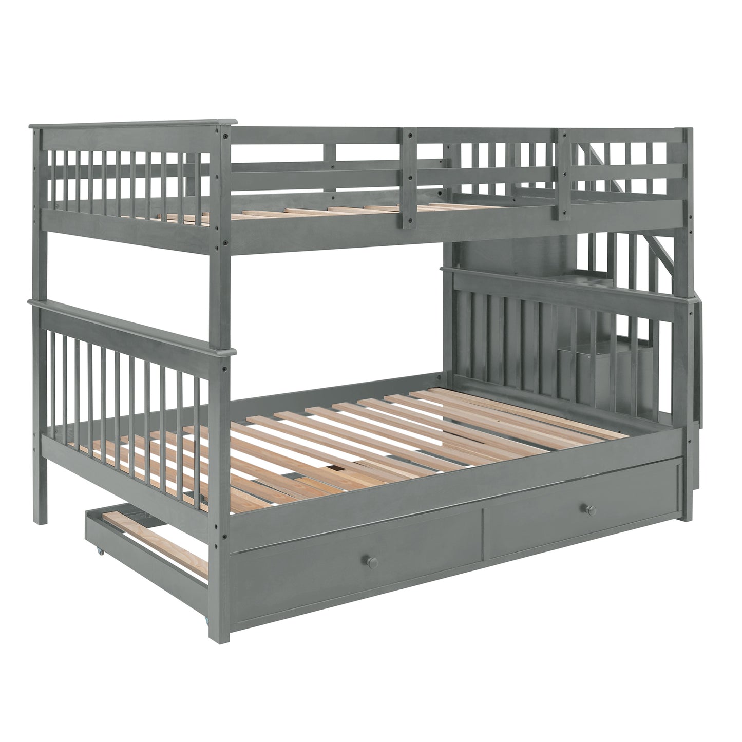 Stairway Full-Over-Full Bunk Bed with Twin size Trundle; Storage and Guard Rail for Bedroom; Dorm