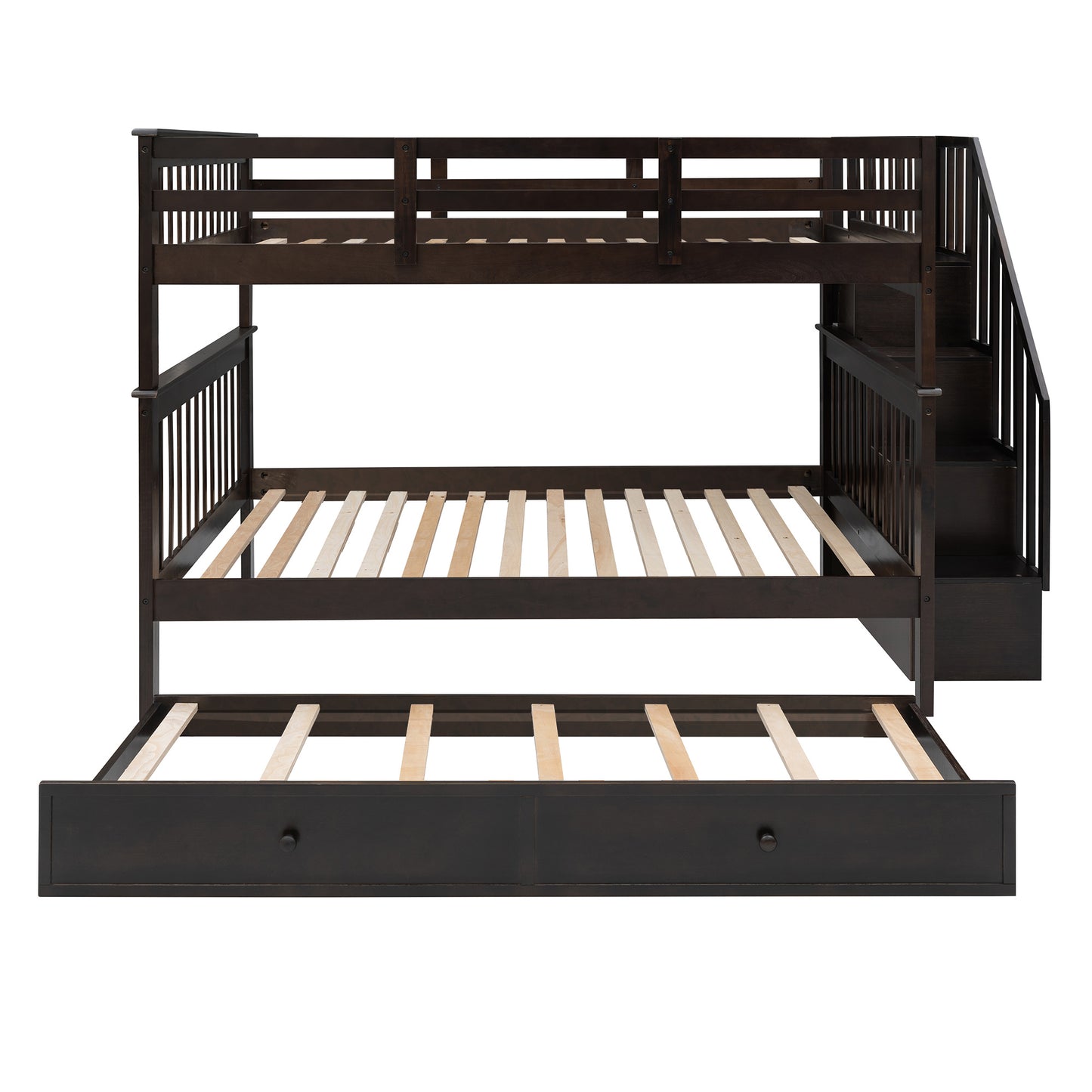 Stairway Full-Over-Full Bunk Bed with Twin size Trundle; Storage and Guard Rail for Bedroom; Dorm