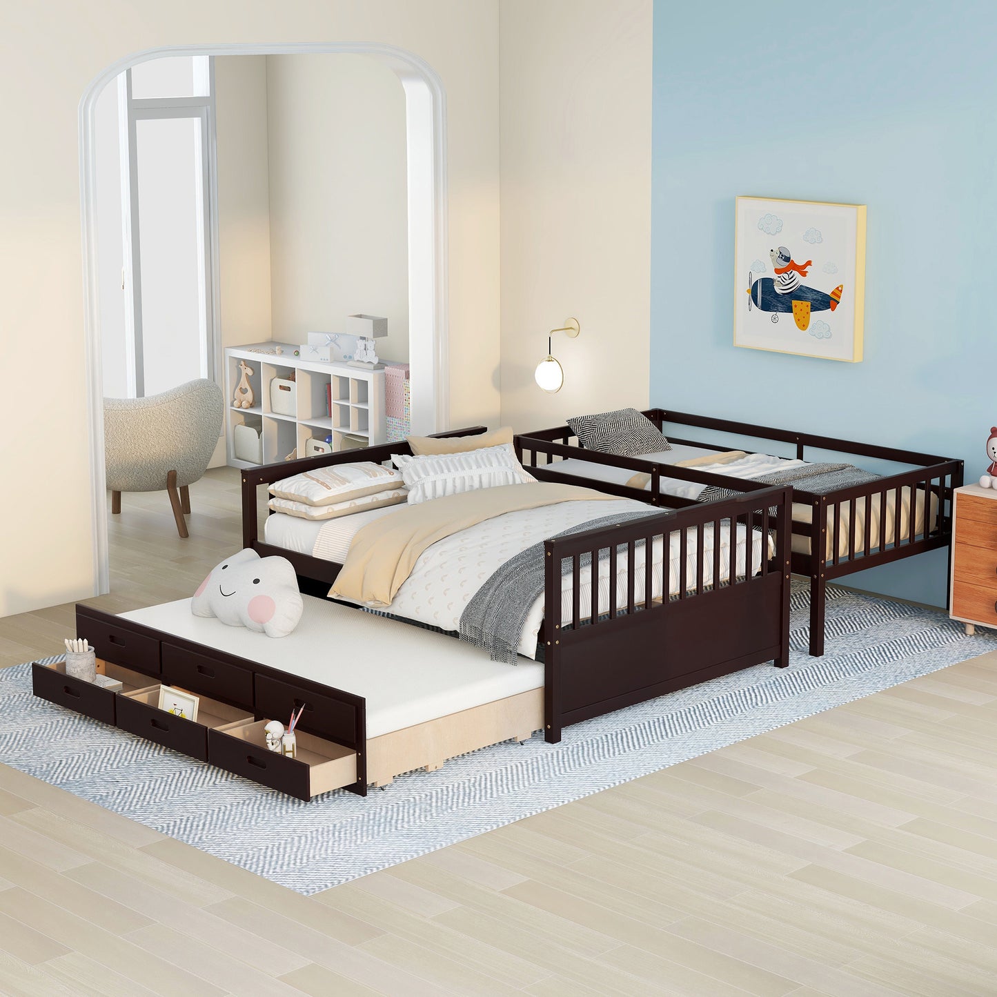 Twin-Over-Full Bunk Bed with Twin size Trundle ; Separable Bunk Bed with Drawers for Bedroom