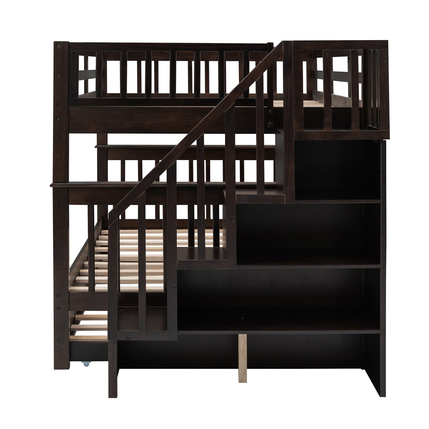 Stairway Full-Over-Full Bunk Bed with Twin size Trundle; Storage and Guard Rail for Bedroom; Dorm