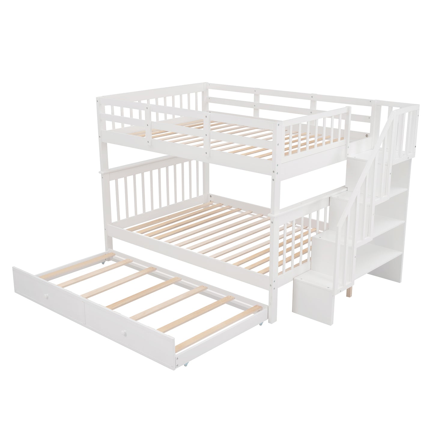 Stairway Full-Over-Full Bunk Bed with Twin size Trundle; Storage and Guard Rail for Bedroom; Dorm