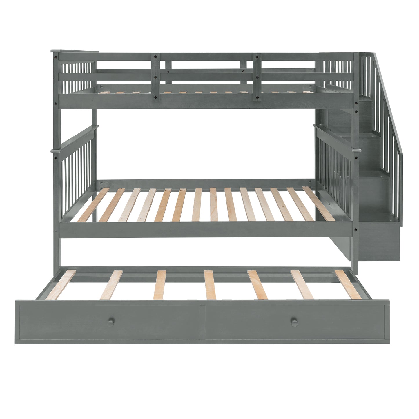 Stairway Full-Over-Full Bunk Bed with Twin size Trundle; Storage and Guard Rail for Bedroom; Dorm