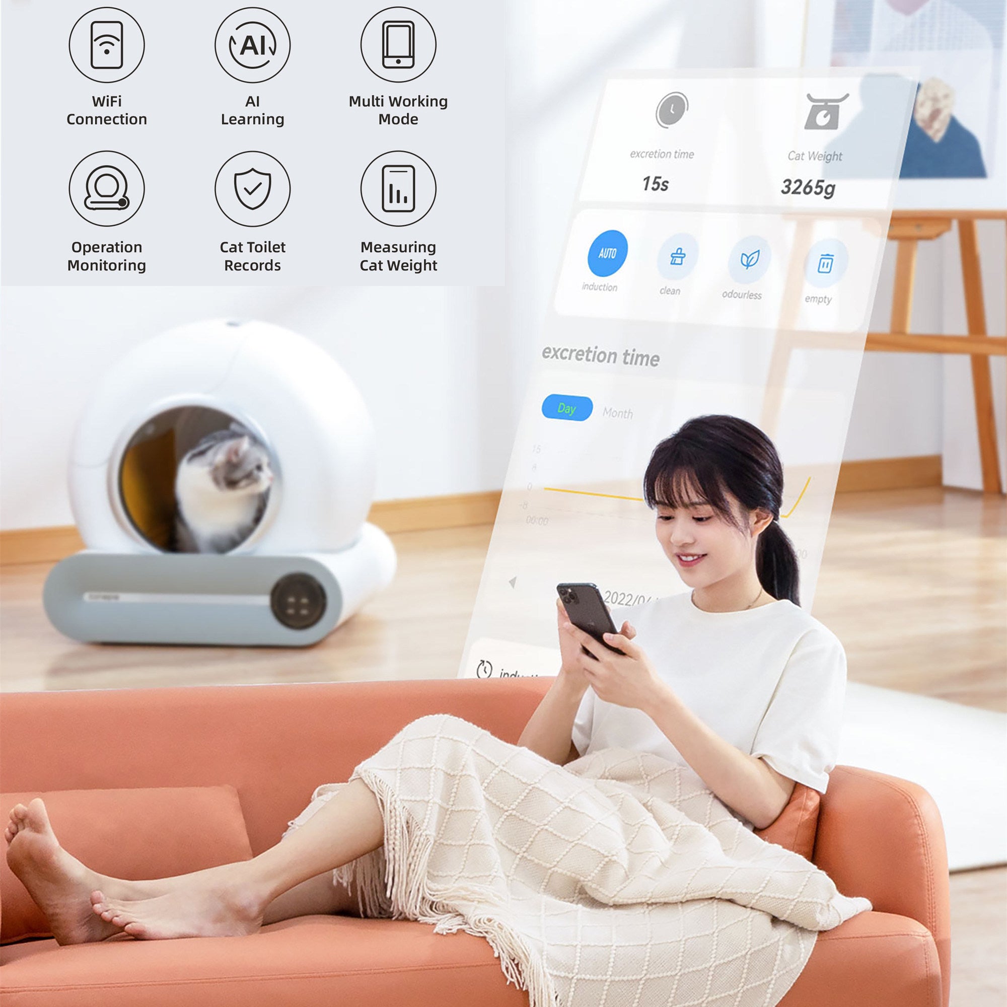 Self-Cleaning Cat Litter Box, Automatic Scooping and Odor Removal, App Control Support 2.4G WiFi, Smart Automatic Cat Litter Box with Liner