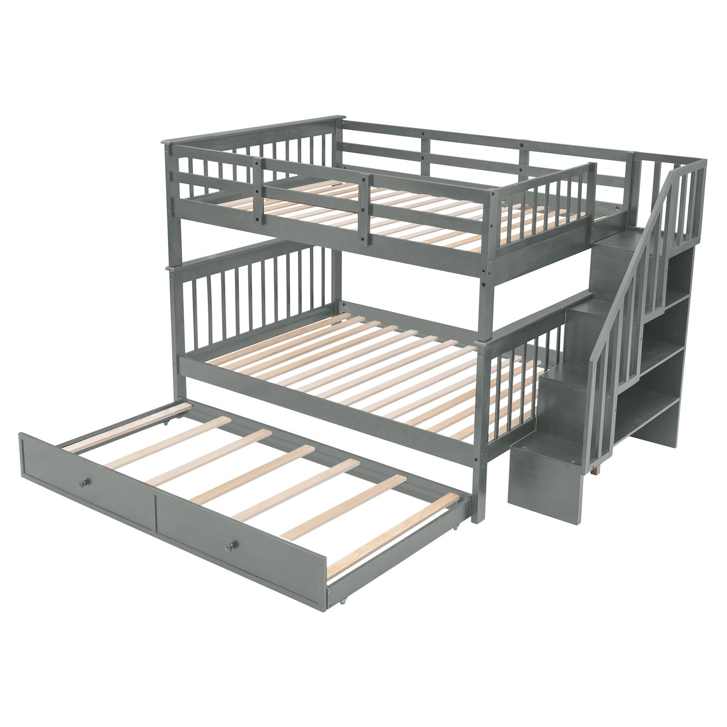 Stairway Full-Over-Full Bunk Bed with Twin size Trundle; Storage and Guard Rail for Bedroom; Dorm
