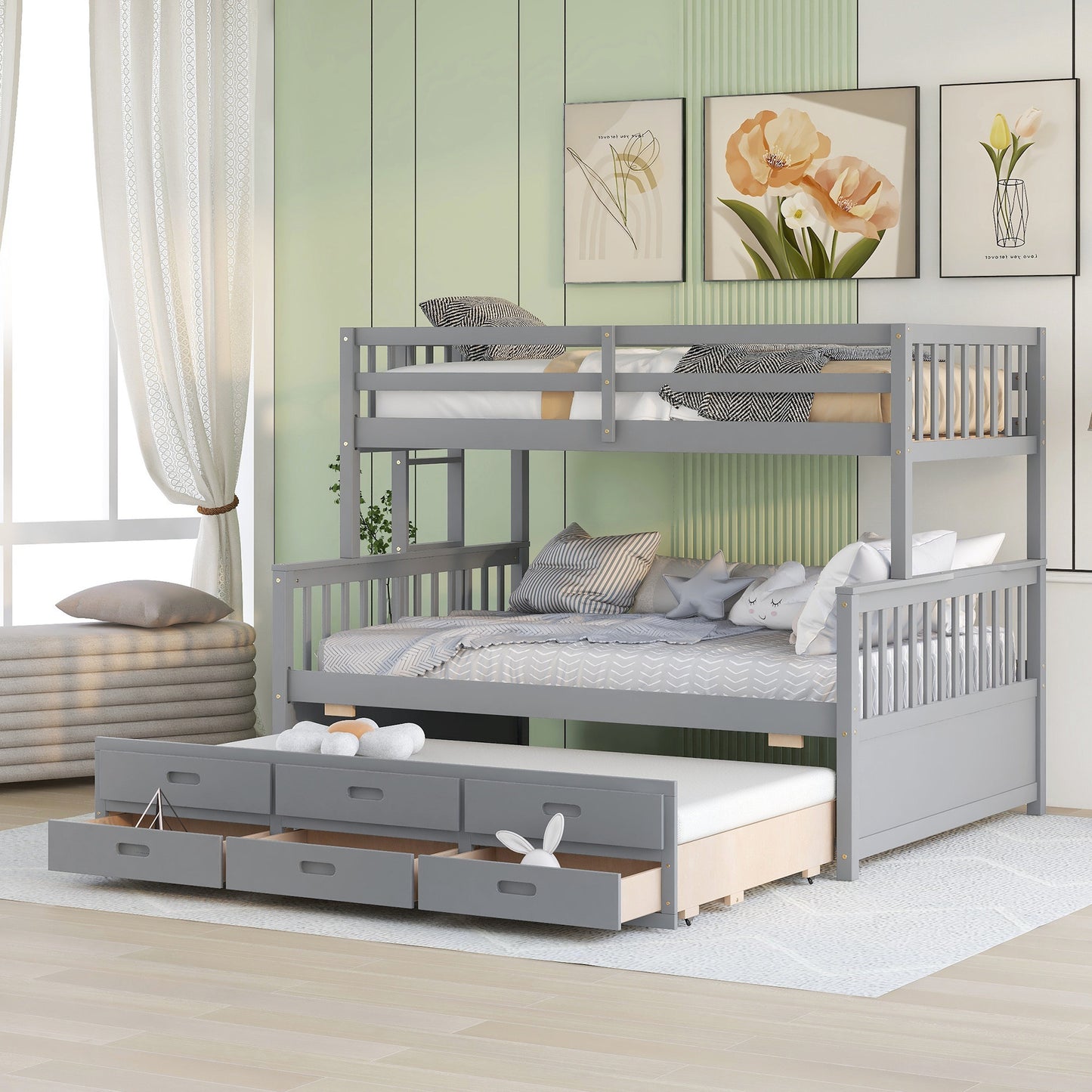 Twin-Over-Full Bunk Bed with Twin size Trundle ; Separable Bunk Bed with Drawers for Bedroom