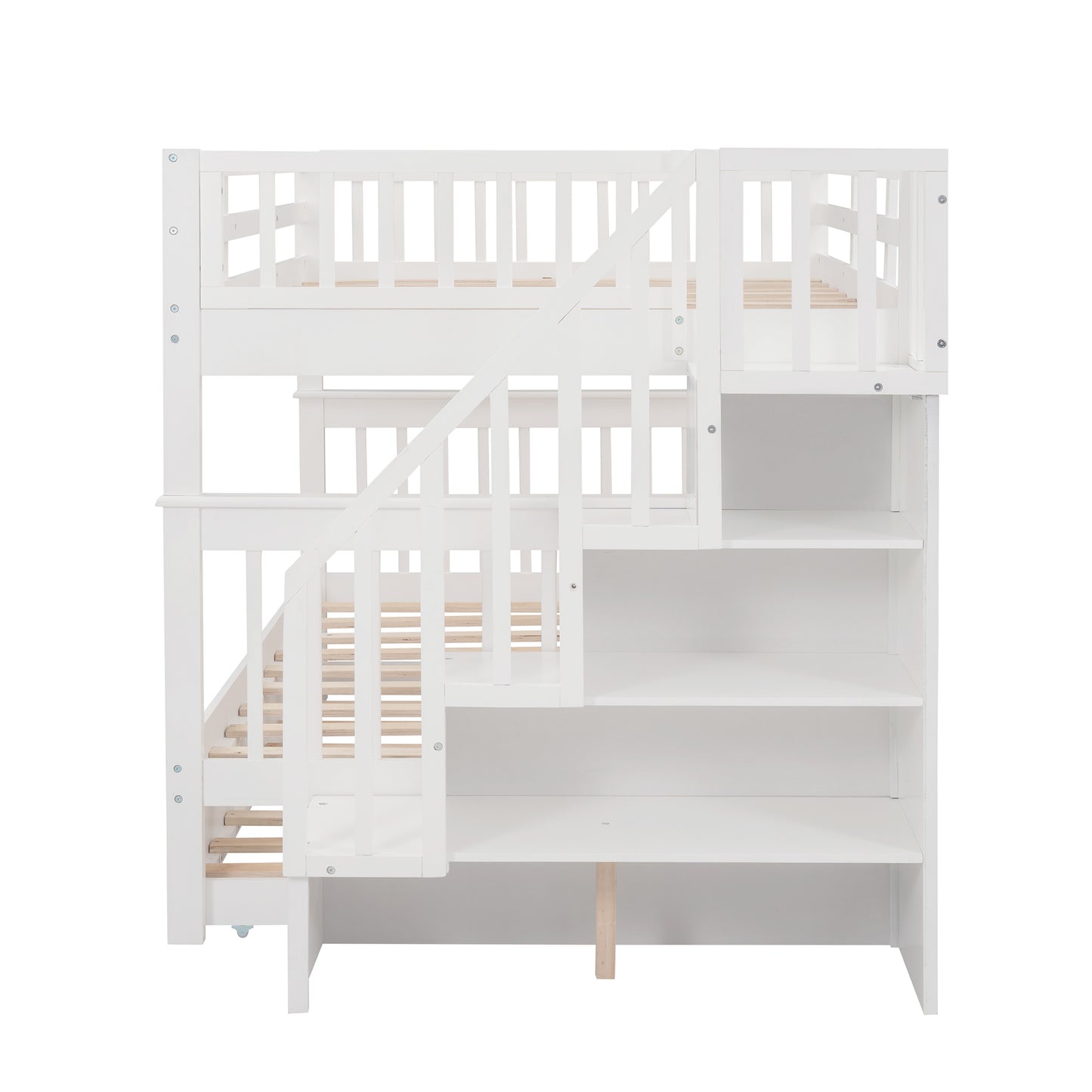 Stairway Full-Over-Full Bunk Bed with Twin size Trundle; Storage and Guard Rail for Bedroom; Dorm