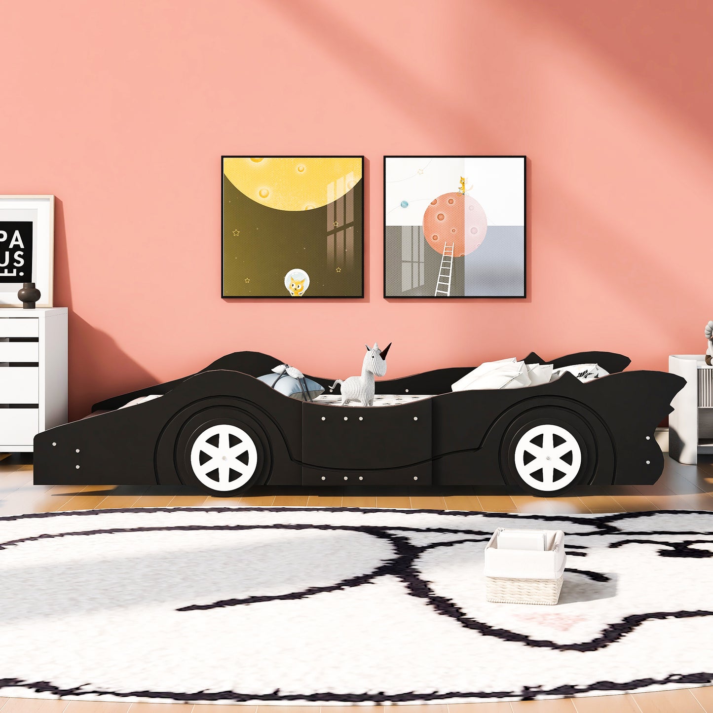 Twin Size Race Car-Shaped Platform Bed with Wheels