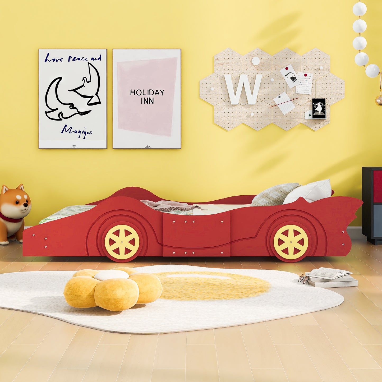 Twin Size Race Car-Shaped Platform Bed with Wheels