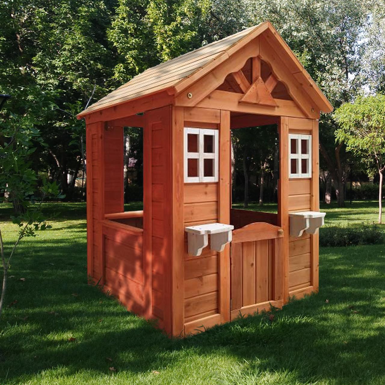 All Wooden Kids Playhouse with 2 windows and flowerpot holder,42"Lx46'Wx55"H,Golden Red