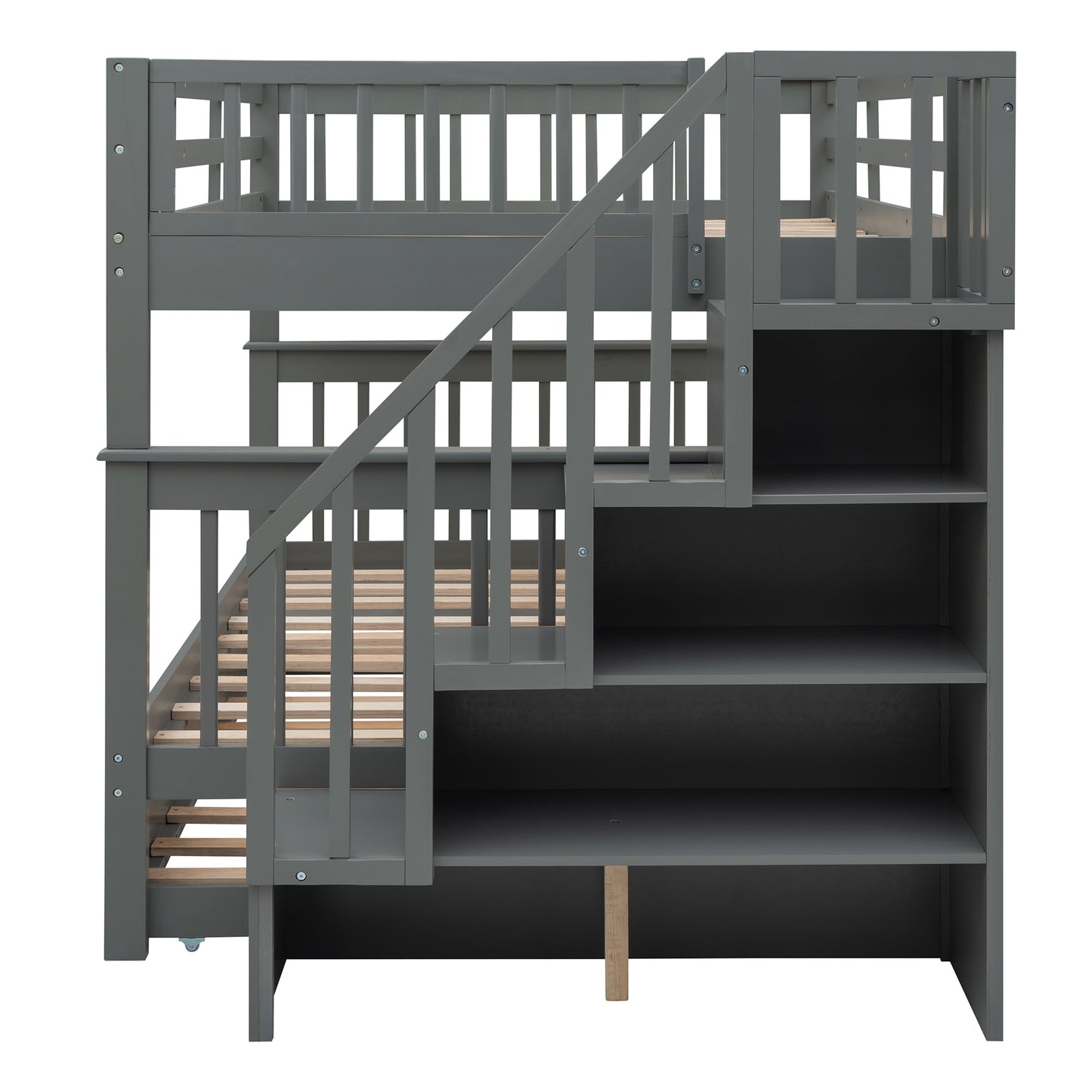 Stairway Full-Over-Full Bunk Bed with Twin size Trundle; Storage and Guard Rail for Bedroom; Dorm