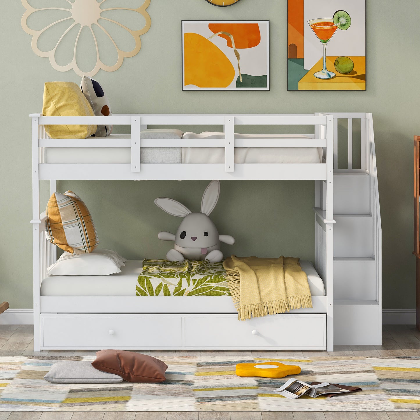 Stairway Full-Over-Full Bunk Bed with Twin size Trundle; Storage and Guard Rail for Bedroom; Dorm