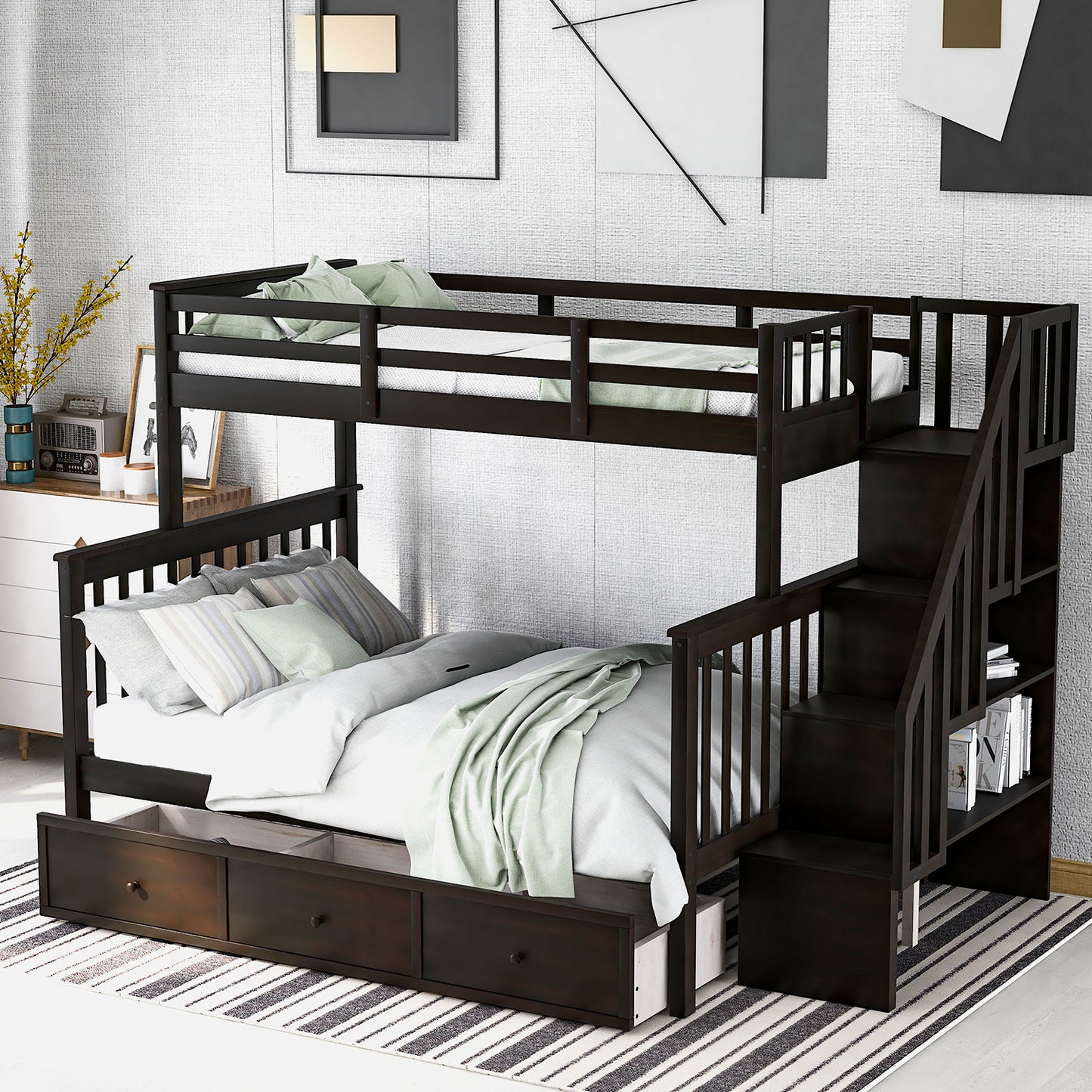Stairway Twin-Over-Full Bunk Bed with Drawer; Storage and Guard Rail for Bedroom; Dorm; for Adults