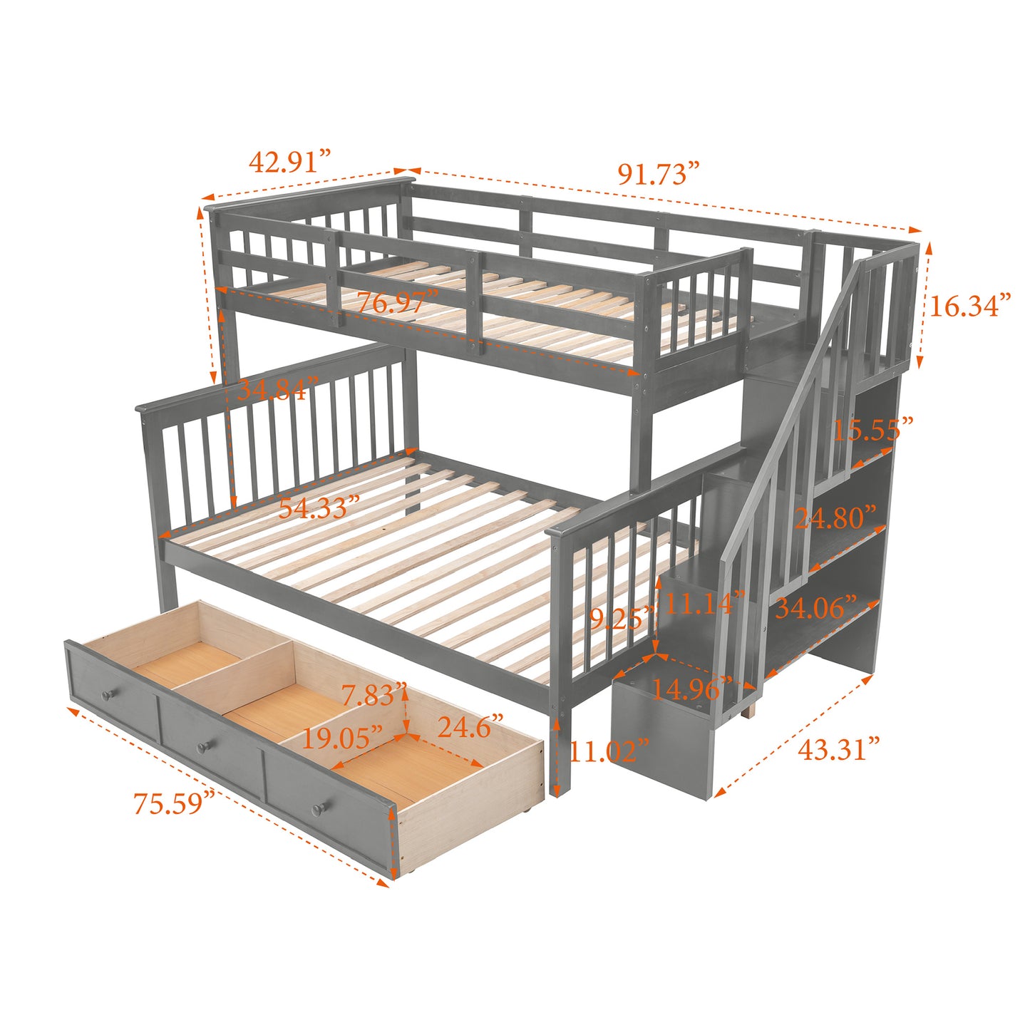 Stairway Twin-Over-Full Bunk Bed with Drawer; Storage and Guard Rail for Bedroom; Dorm; for Adults