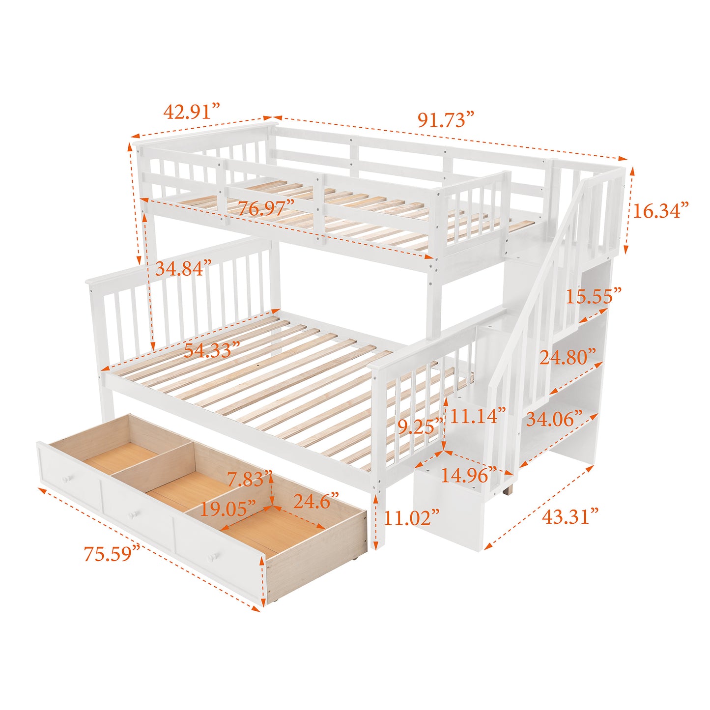 Stairway Twin-Over-Full Bunk Bed with Drawer; Storage and Guard Rail for Bedroom; Dorm; for Adults