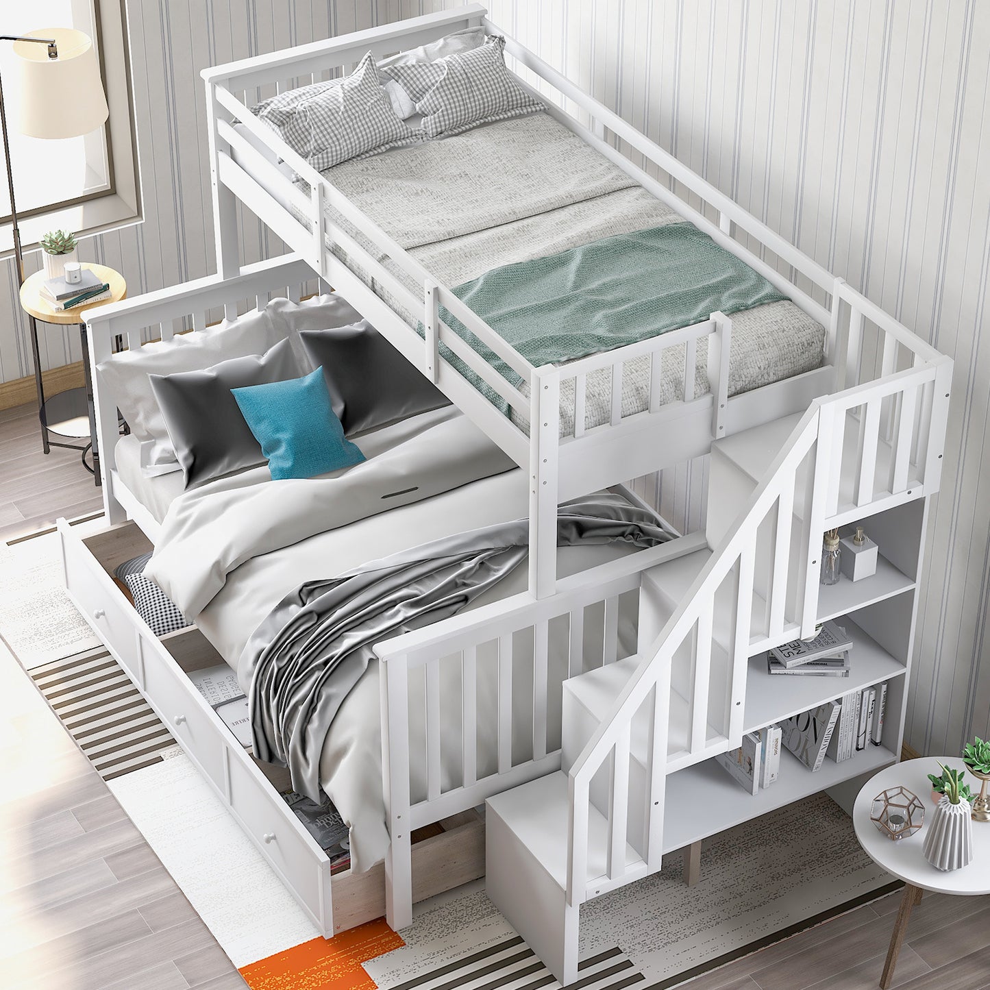 Stairway Twin-Over-Full Bunk Bed with Drawer; Storage and Guard Rail for Bedroom; Dorm; for Adults