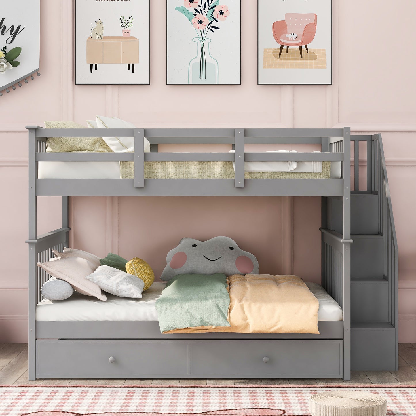 Stairway Full-Over-Full Bunk Bed with Twin size Trundle; Storage and Guard Rail for Bedroom; Dorm