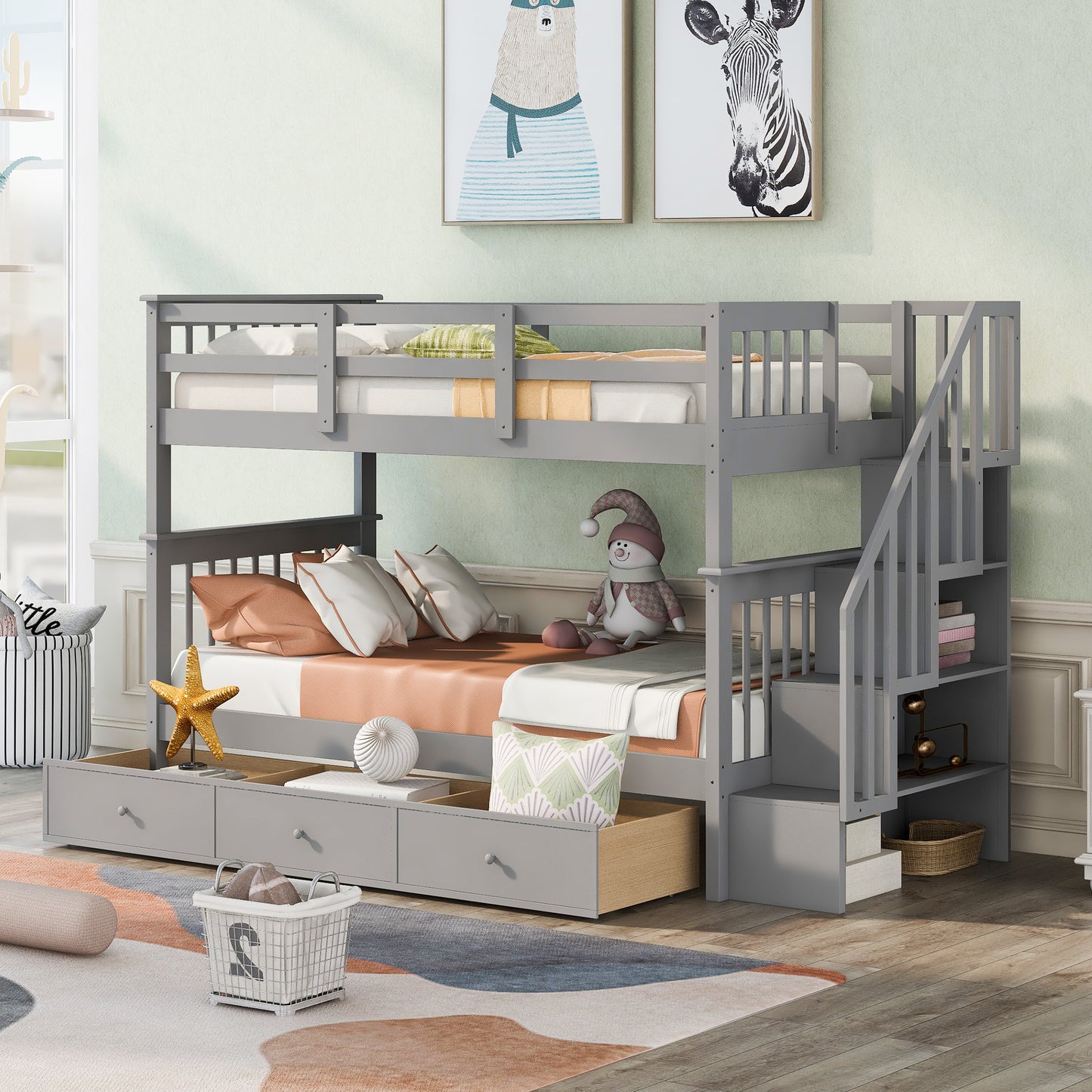 Stairway Twin-Over-Twin Bunk Bed with Three Drawers for Bedroom, Dorm - Gray