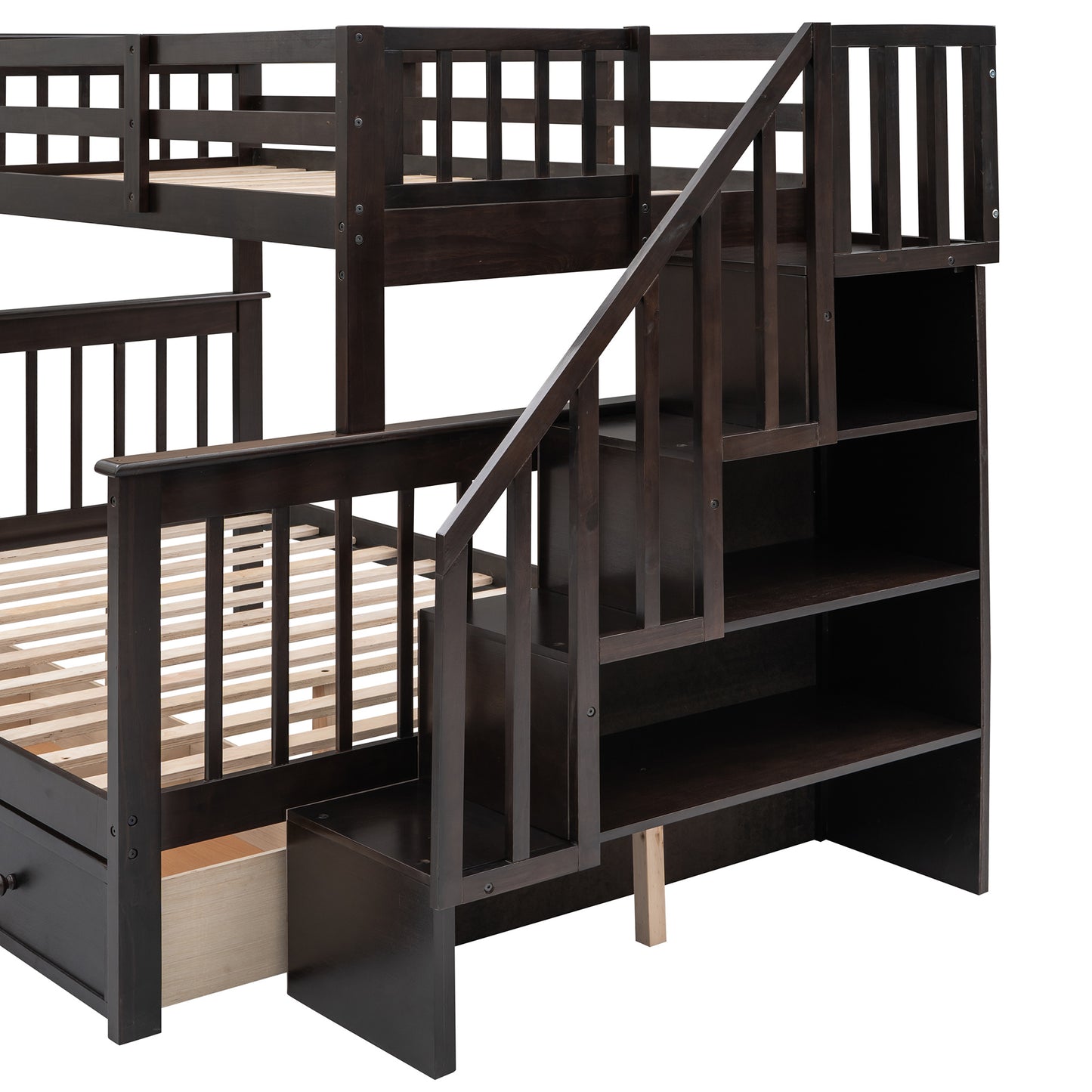 Stairway Twin-Over-Full Bunk Bed with Drawer; Storage and Guard Rail for Bedroom; Dorm; for Adults
