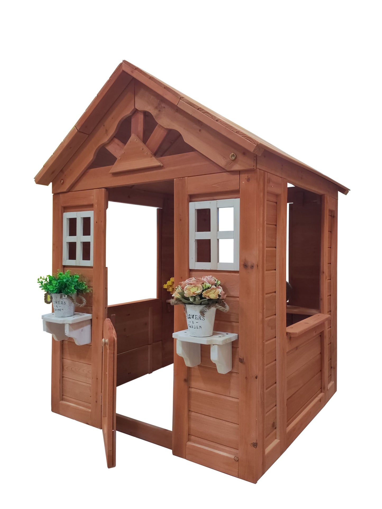 All Wooden Kids Playhouse with 2 windows and flowerpot holder,42"Lx46'Wx55"H,Golden Red