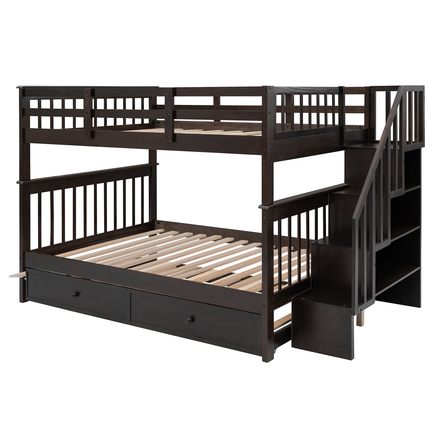 Stairway Full-Over-Full Bunk Bed with Twin size Trundle; Storage and Guard Rail for Bedroom; Dorm