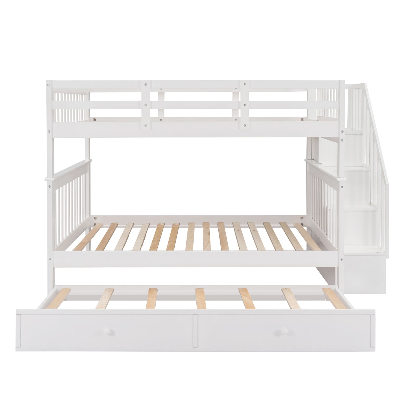 Stairway Full-Over-Full Bunk Bed with Twin size Trundle; Storage and Guard Rail for Bedroom; Dorm