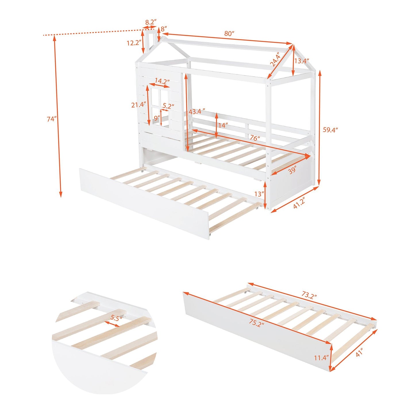 Twin Size House Bed Wood Bed with Twin Size Trundle