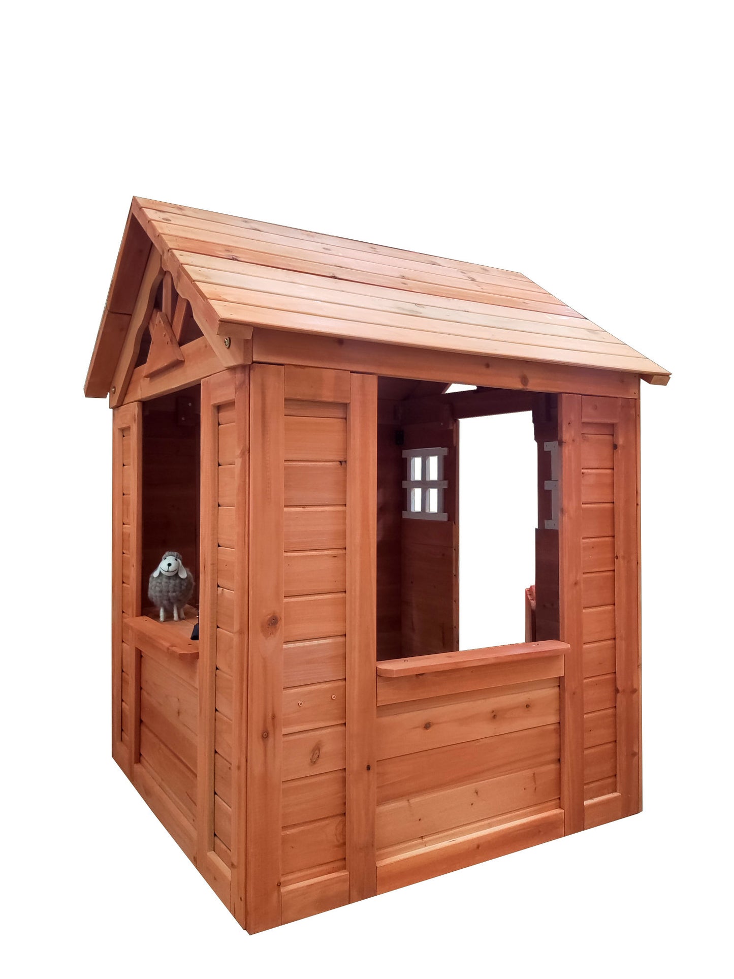 All Wooden Kids Playhouse with 2 windows and flowerpot holder,42"Lx46'Wx55"H,Golden Red