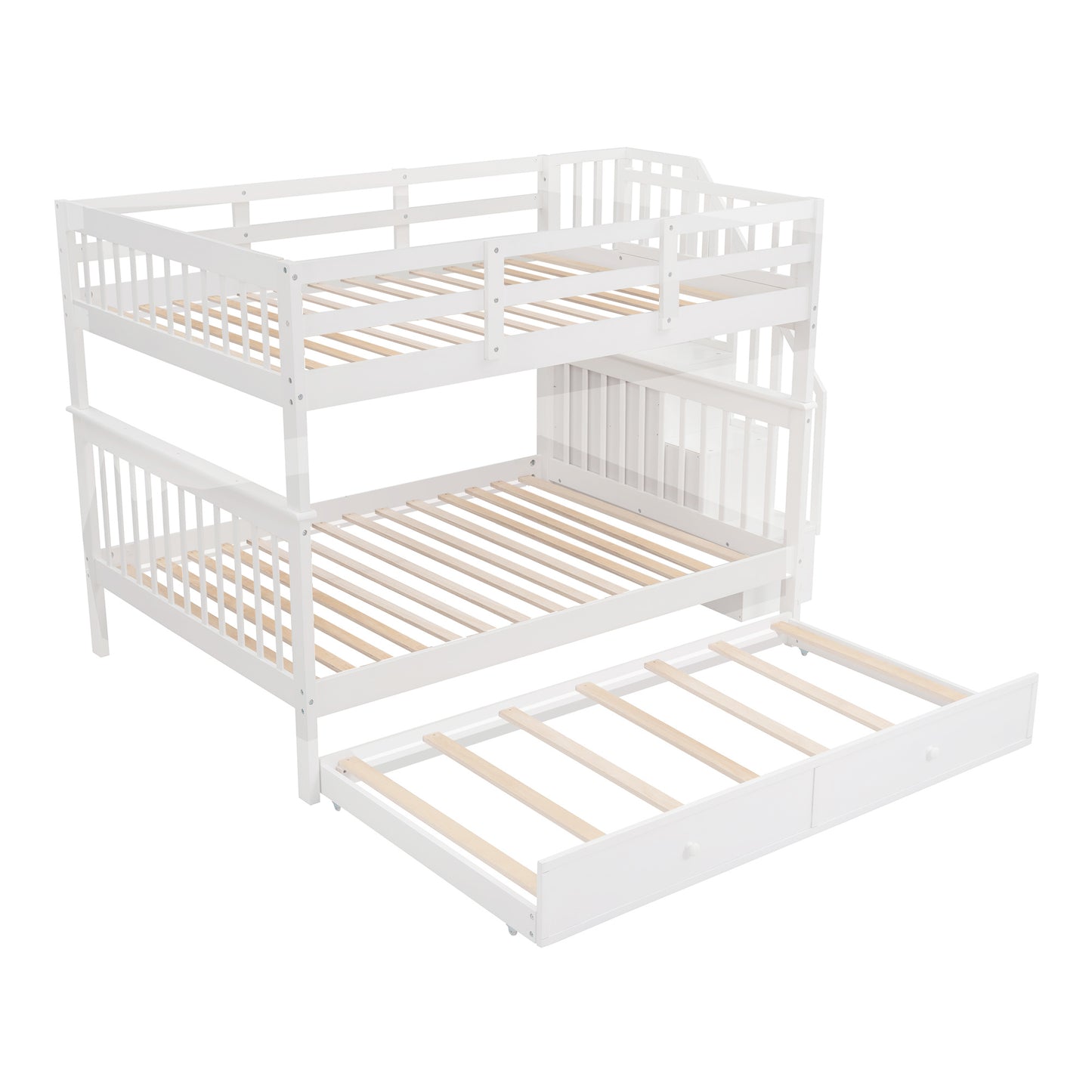 Stairway Full-Over-Full Bunk Bed with Twin size Trundle; Storage and Guard Rail for Bedroom; Dorm
