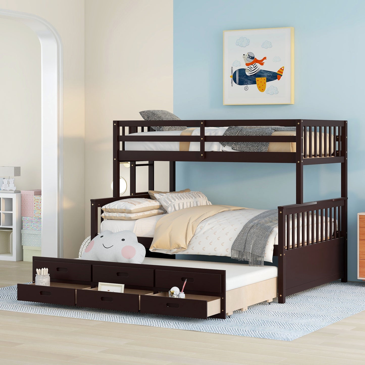 Twin-Over-Full Bunk Bed with Twin size Trundle ; Separable Bunk Bed with Drawers for Bedroom