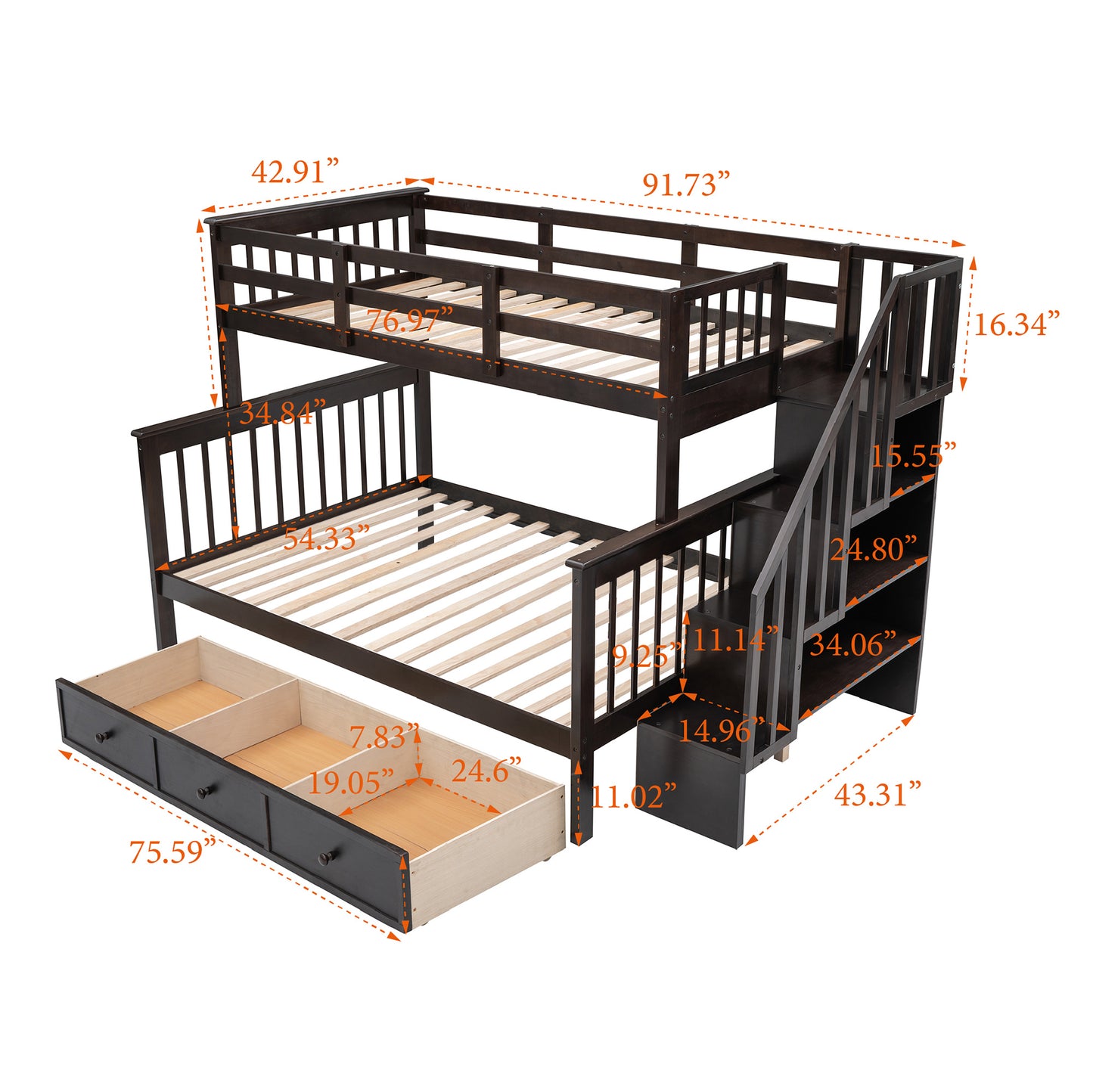 Stairway Twin-Over-Full Bunk Bed with Drawer; Storage and Guard Rail for Bedroom; Dorm; for Adults