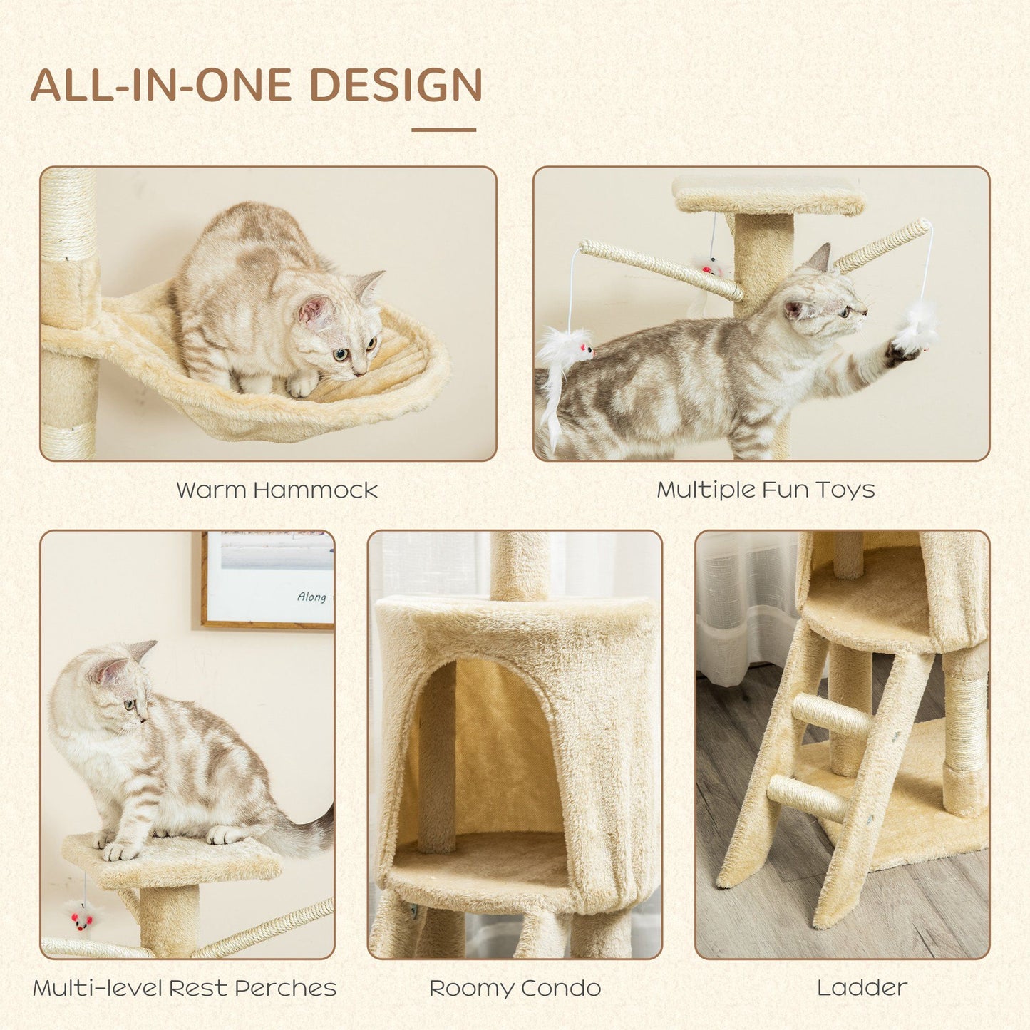 PawHut 53” Plush Cat Condo Tower - Sturdy Scratching Post & Interactive Activity Tree House for Cats | Beige